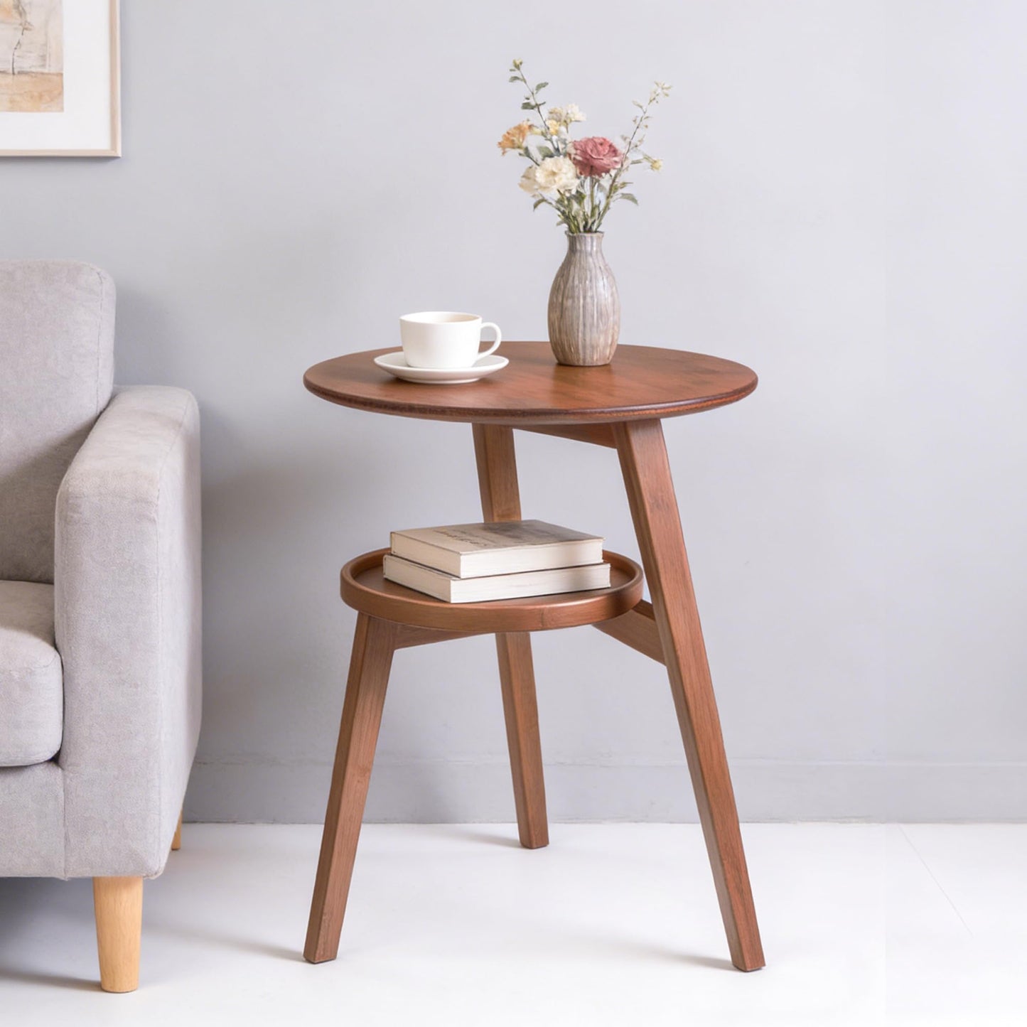 VELOHEIM Bamboo Round Side Table, 2-Tier Small Space End Table with Storage Shelf, Mid-Century Modern Rustic Style Narrow Table for Living Room Bedroom Sofa Side