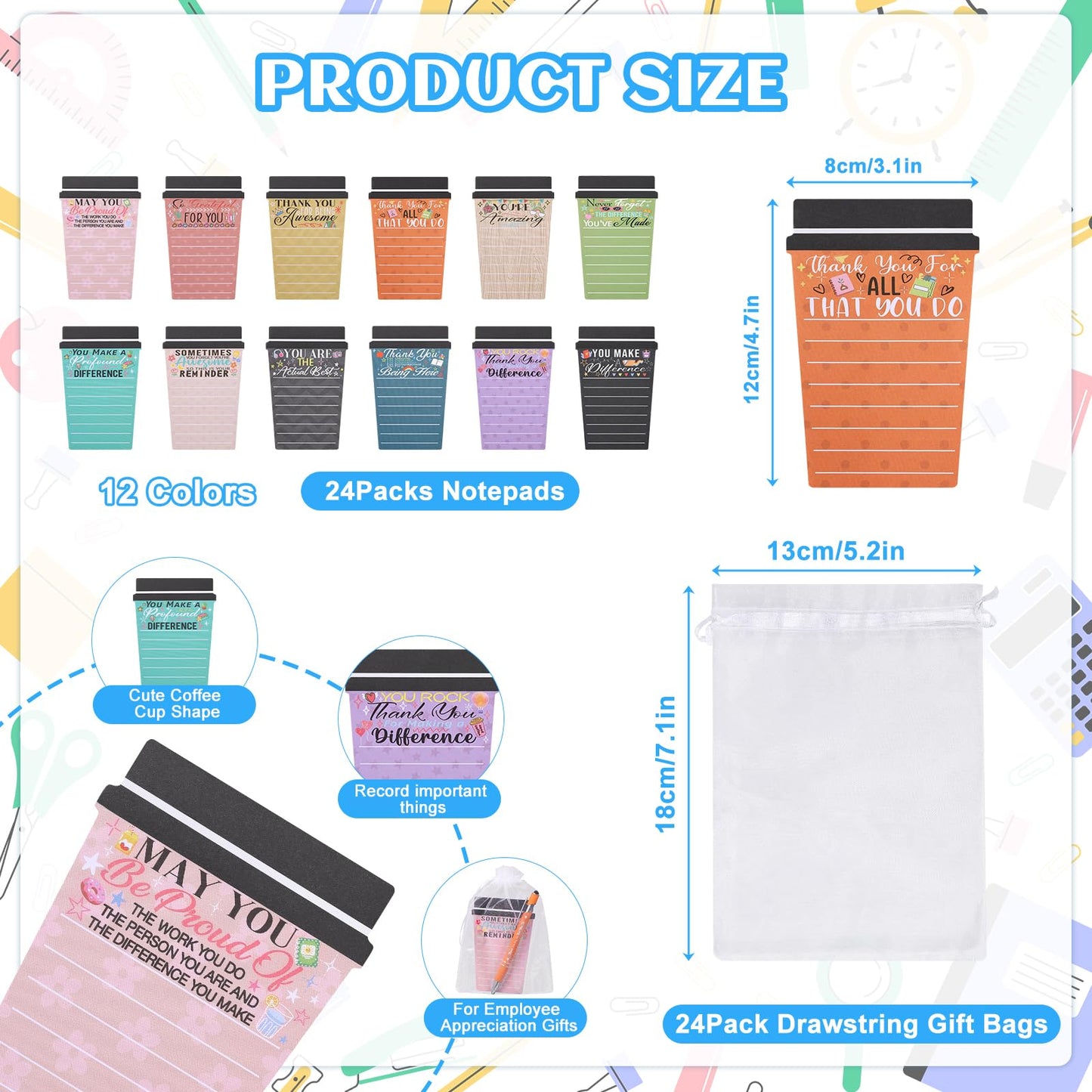 Mkway 24 Set Employee Appreciation Gifts Bulk Team - 24 Pack Coffee Cup Notepad+24 Ballpoint Pens+ 24 Drawstring Gift Bags, Bulk Gifts for Coworkers/Staffs/Teachers/Christmas