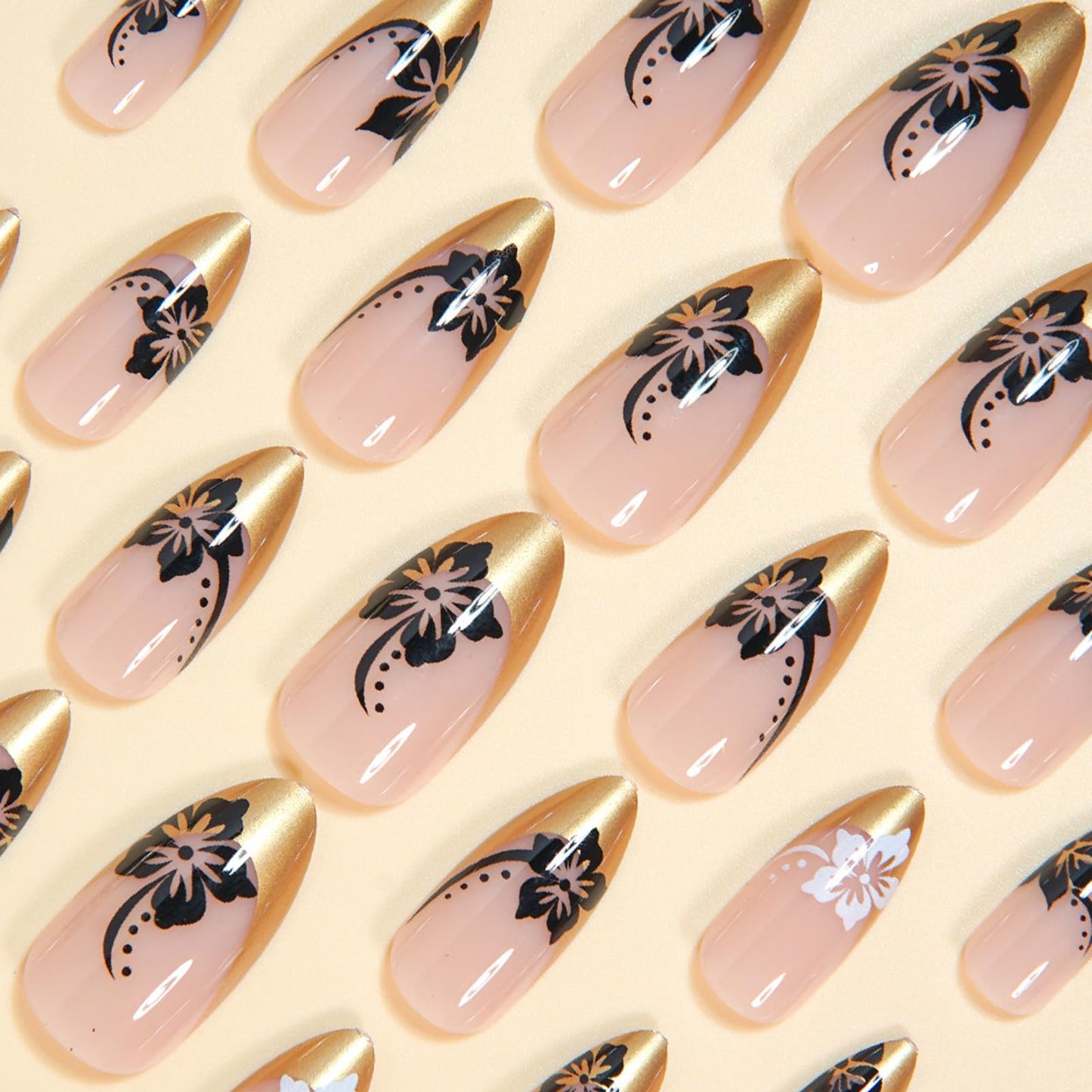 IMSOHOT Golden French Press on Nails Medium Almond Fake Nails with Black White Flower Designs Full Cover Glossy Acrylic Fall Glue on Nails