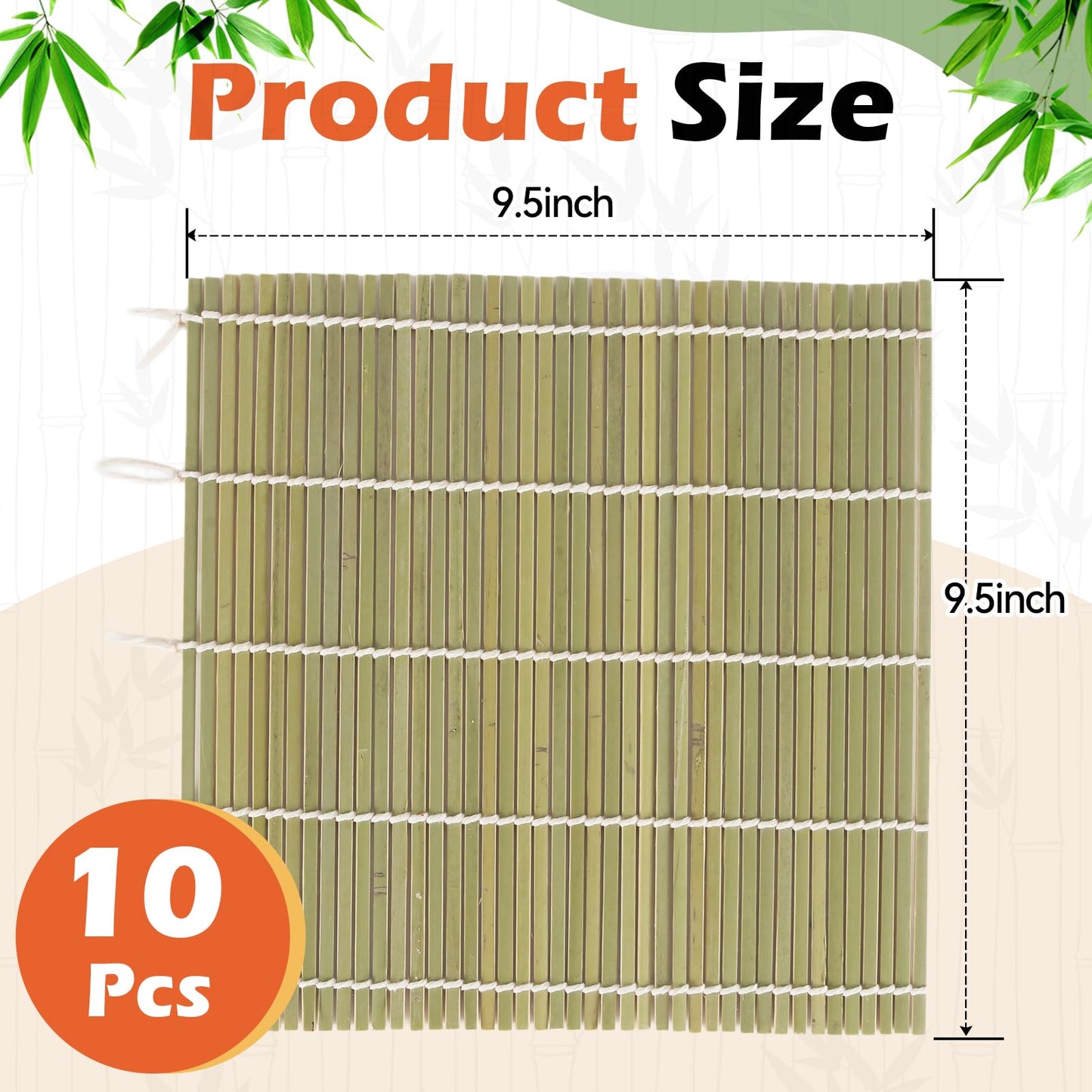 LEQC 10PCS Bamboo Sushi Mat 9.5"x9.5" – Durable Bamboo Sushi Rolling Mat, Tightly-Bound Design for Home Cooking & Professional Sushi Making (Green)