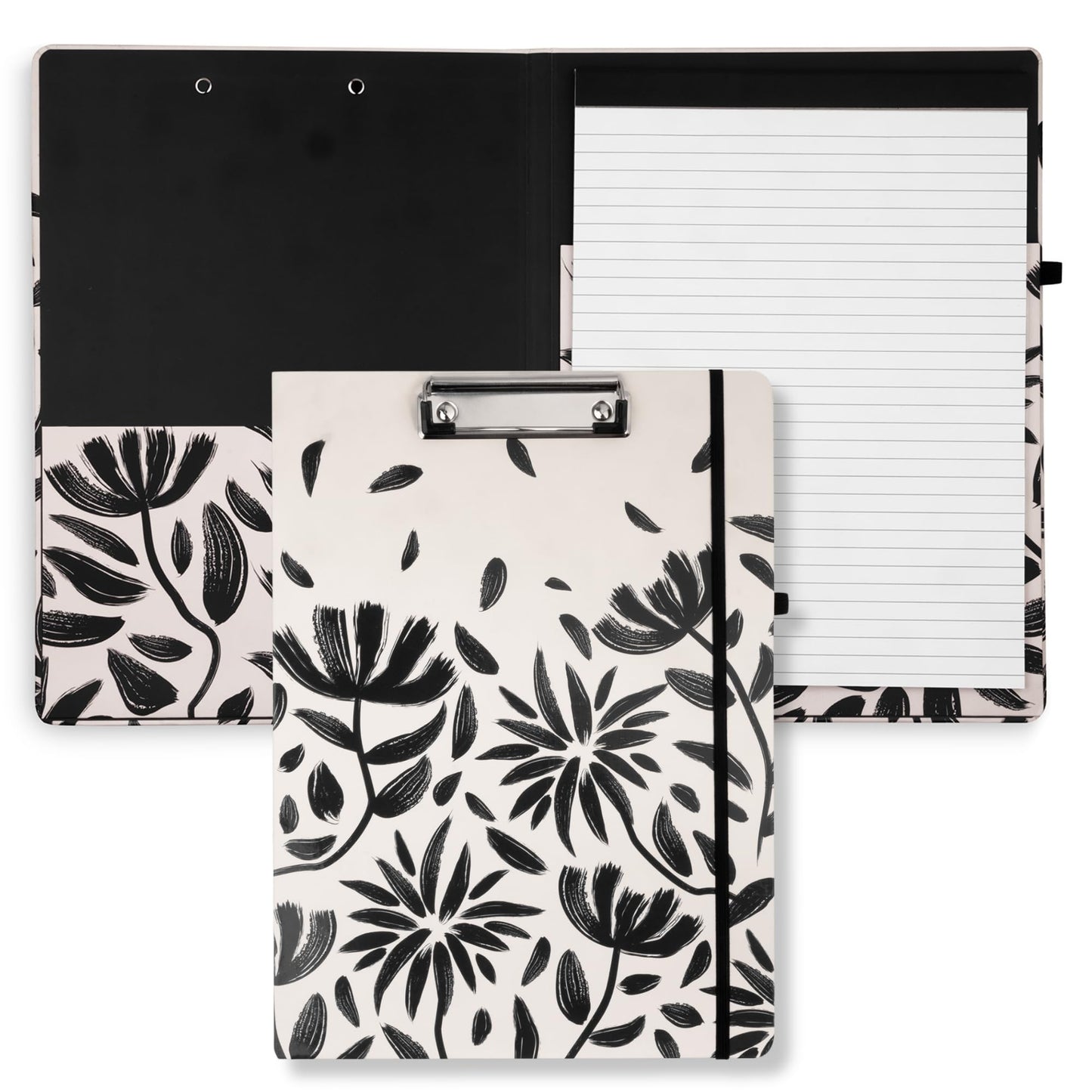 Steel Mill & Co Cute Clipboard Folio with Refillable Lined Notepad and Interior Storage Pocket, Padfolio for Work/Nursing/Teachers, Hand Drawn Black Floral