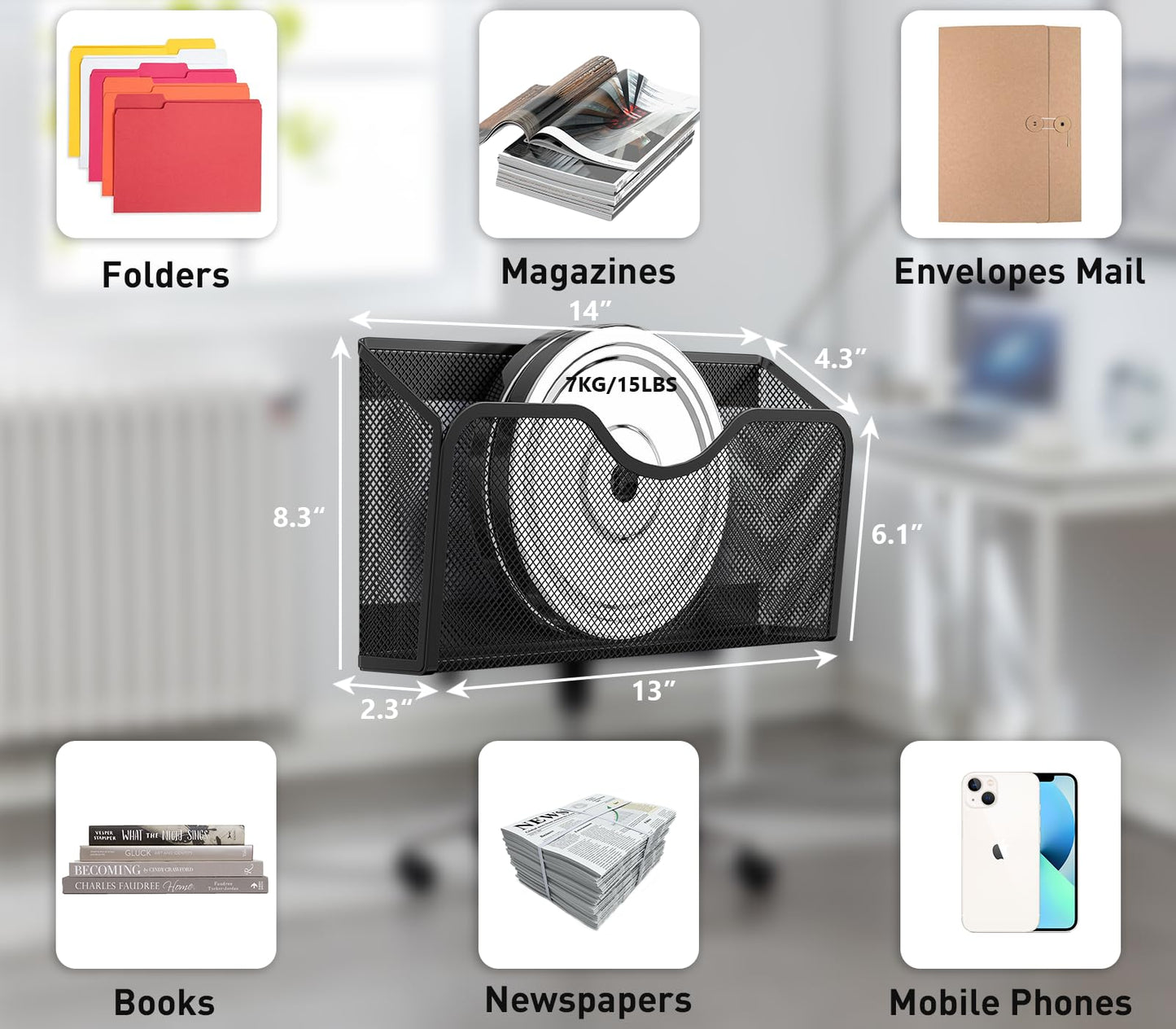 JANE EYRE Magnetic File Holder - 3PCS File Paper Mail Organizer No Drilling Magazine Paper Document Holder/Magnetic Hanging File Organizer for File Cabinets, Office, Whiteboard, BLACK