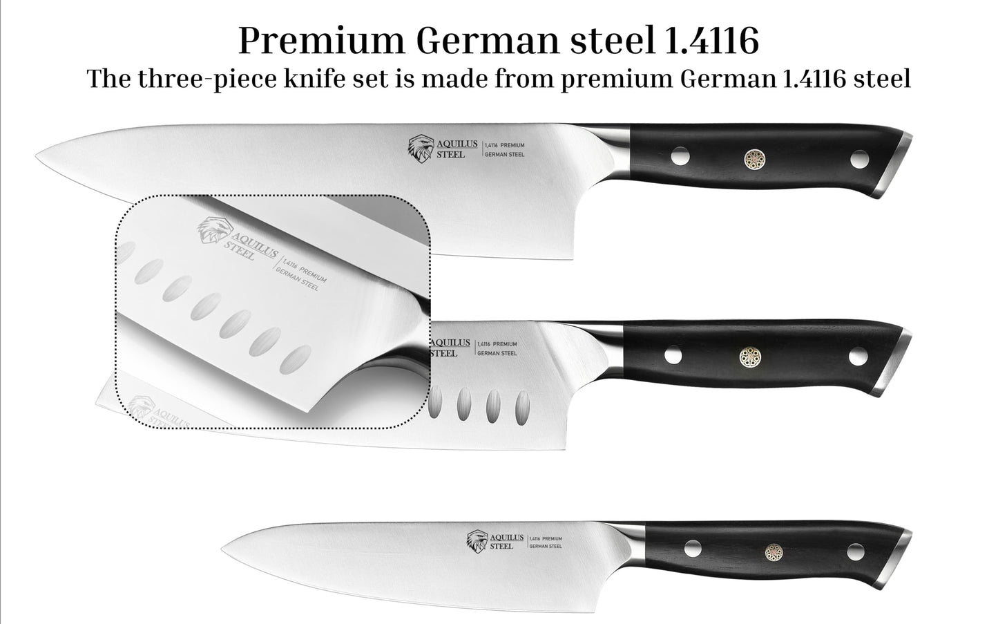3-Piece Professional Kitchen Knife Set – Full Tang, Ultra-Sharp German 1.4116 High Carbon Stainless Steel – Forged Chef Knives with Ergonomic Ebony Wood Handles – Includes Premium Wooden Gift Box.