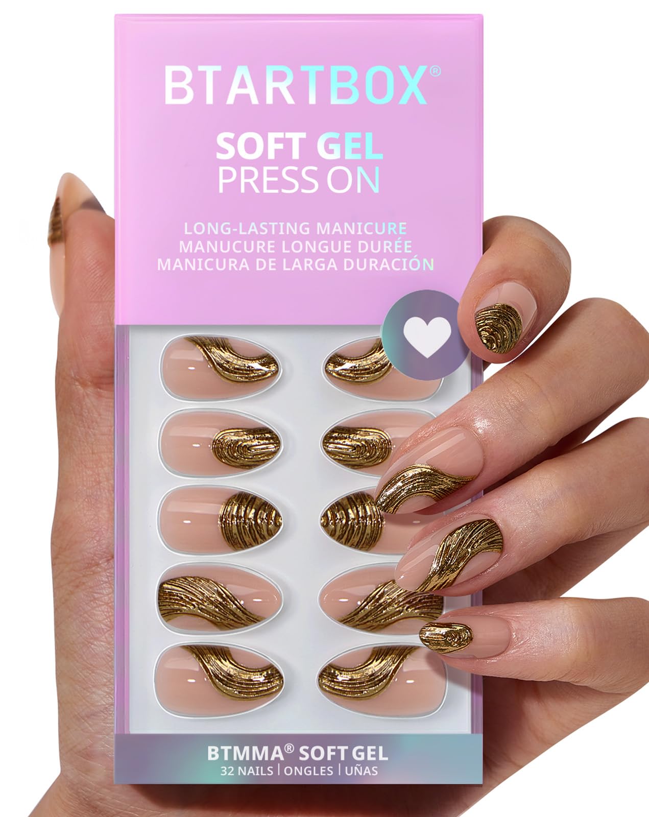 BTArtbox Press On Nails Short - Gold Rush, 3D Sculpting Metallic Almond Press On Nails with Glue and Adhesive Tabs for Women in 16 Sizes - 32 Soft Gel Glue On Nails Kit