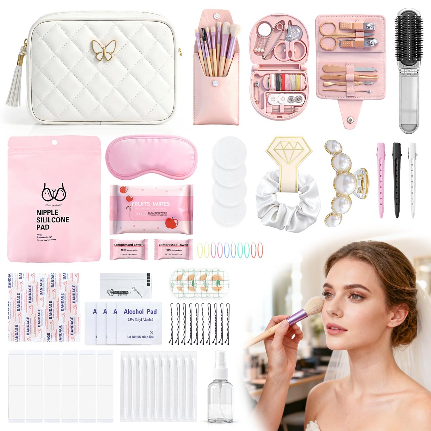 FUHSY Wedding Day Emergency Kit with 60+ Wedding Essentials Survival Set with Makeup Bag Bride Mini Emergency Kit for Womens Wedding Bridal Shower Gift Bride Bust Haves Honeymoon Essentials Travel Kit