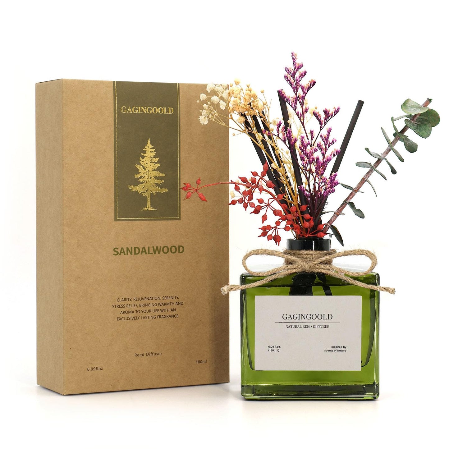 GAGINGOOLD Reed Diffuser, 6.09 oz Earthy Sandalwood Scent Diffuser with Sticks & Dried Flowers, 120 Days Long Lasting diffusers for Home, Elegant Fragrance for Bathroom Bedroom Office Decor Air Fresh