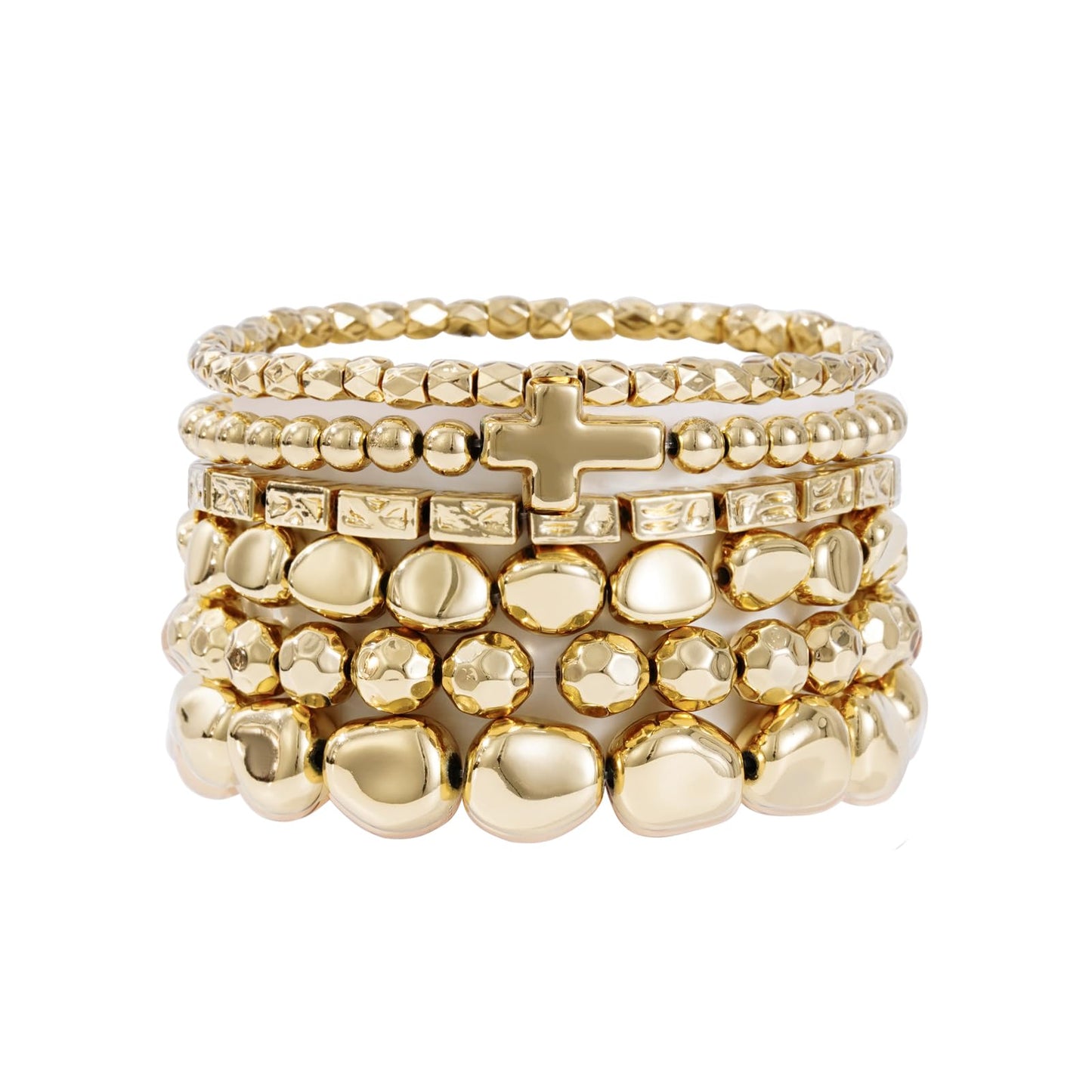 Sajidos Gold Plated Beaded Bracelets for Women Trendy, 14K Gold Plated Stack Cross Pearl Bead Stretch Bracelets Set Elastic Hypoallergenic Bracelets Jewelry Gifts (style1)