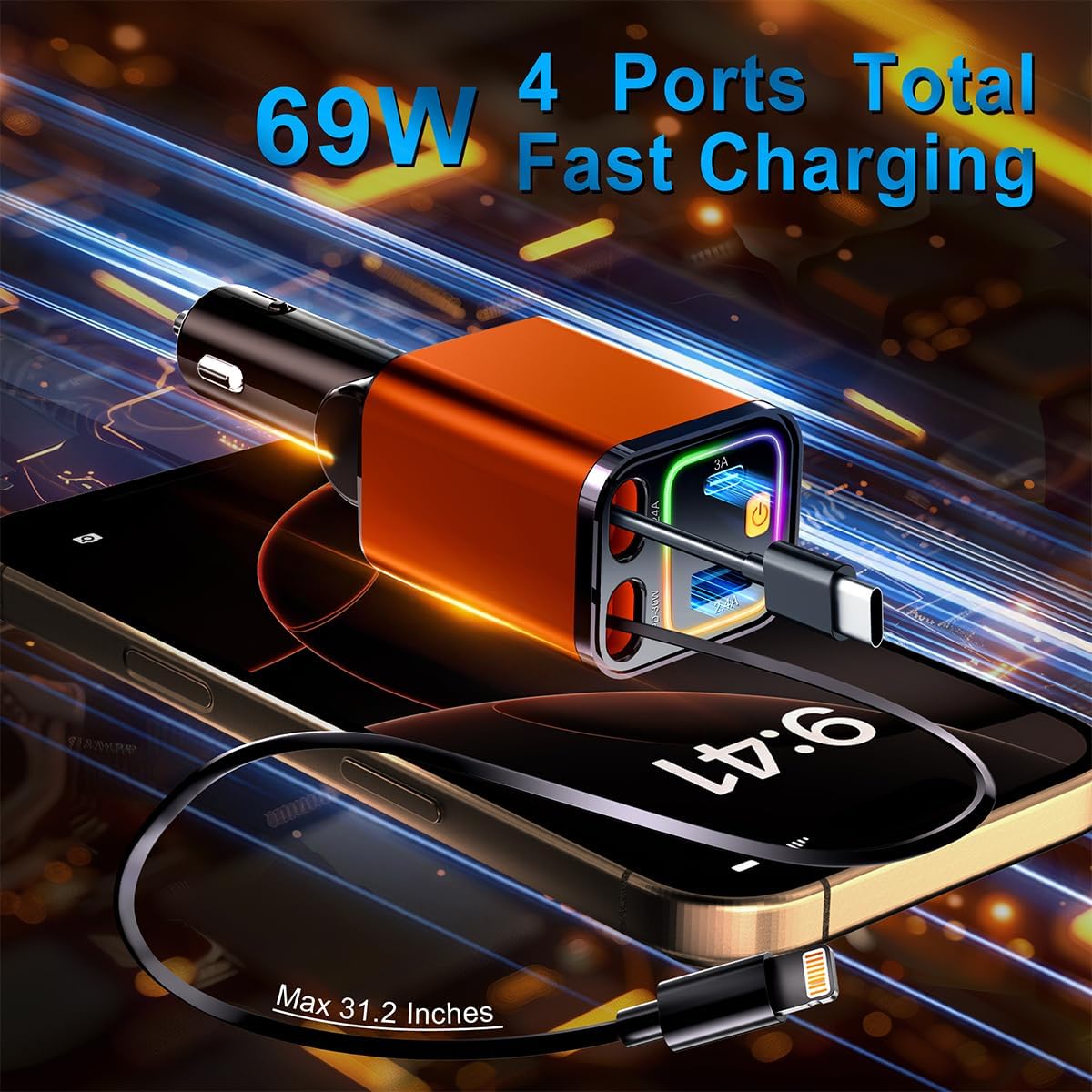 [2025 Mirco-Version] 4 in 1 Retractable Car Charger,69W Car Charger USB C,Cigarette Lighter Adapter,Fast Charging for iPhone 16e/16/15/14,13,Android (Orange, for Lightning+USB-C)
