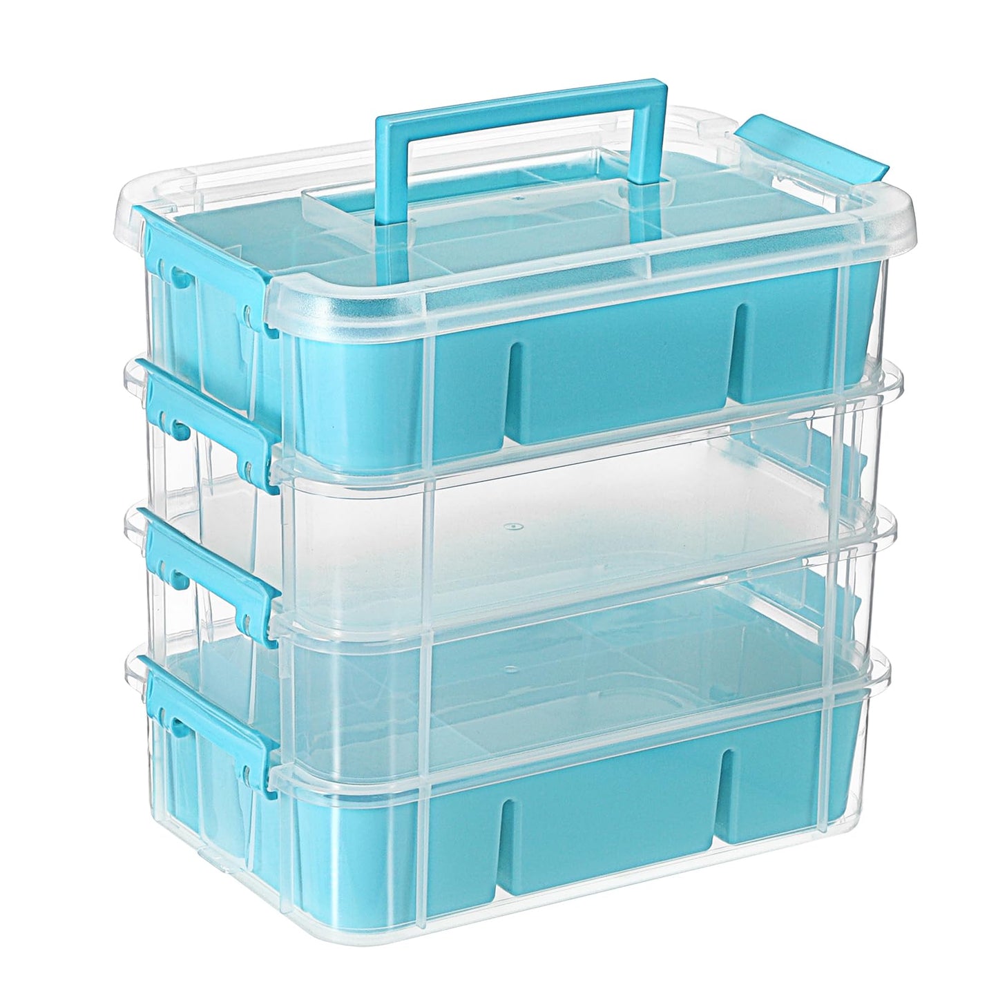JUXYES 4-Tiers Stack Carry Storage Box With 2 Divided Tray, Transparent Stackable Storage Bin With Handle Lid Latching Storage Container for School & Office Supplies, Blue