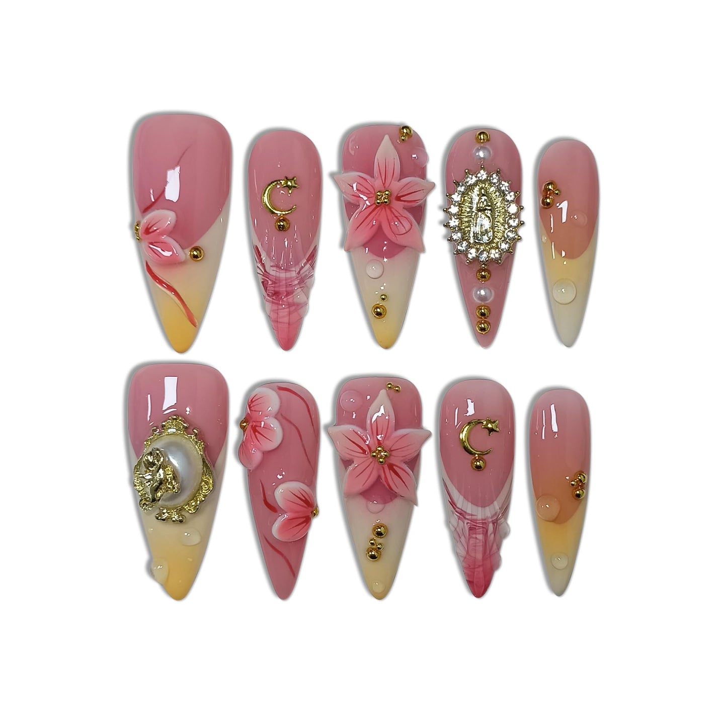 TENPAL Handmade Press on Nails Long Stiletto,Coral Orange Blushing French Tips Fake Nails with 3D Floral Waterdrops,Royal Baroque False Nails with Tools,Luxury Handmade Nails for Special Events(S)