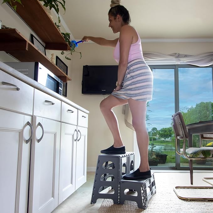 Bee Neat Folding 2 Step Stool for Adults, Kids, Toddlers - Collapsible & Foldable Step Ladder for Kitchen, Bathroom or Bedroom - Non-Slip & Wide Stepping Stool Supports 200lbs - Gray