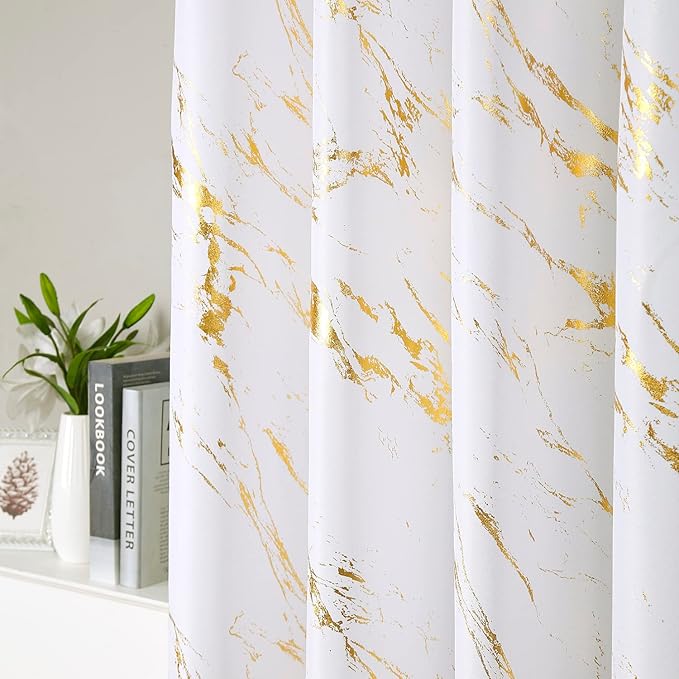 Taisier Home Gold Foil Print Linen Textured Curtains - Geometric Marble Pattern Design for Living Room - Thermal Insulated Window Treatment, 2 Panels, 84" L, Off White and Gold