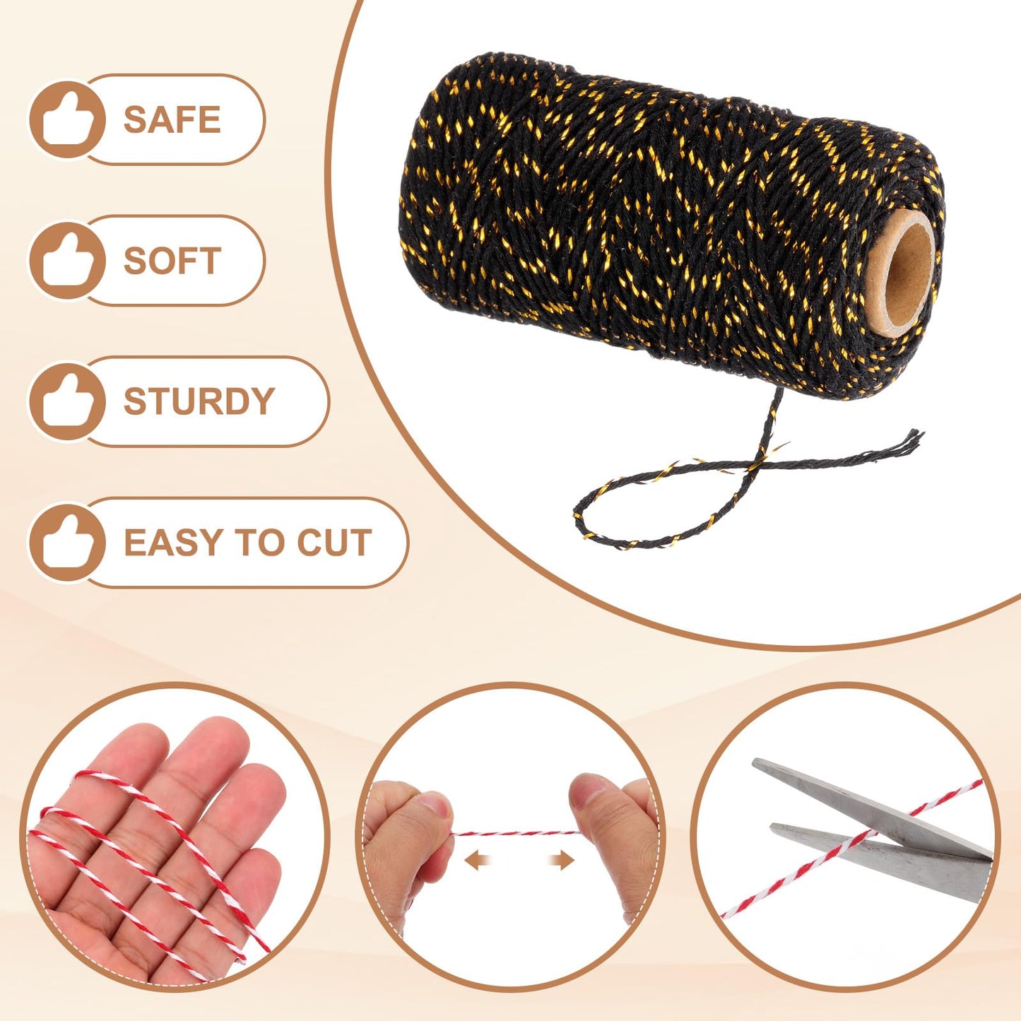 PATIKIL 2mm x 109 Yard Cotton Butcher Twine, 2 Roll Cotton Bakers Twine String Rope Cord for Gift Wrapping Arts Crafts Party Decorations Gardening, Gold Black