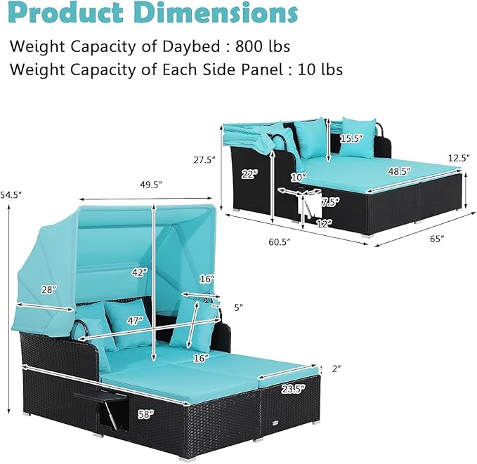 Tangkula Patio Rattan Daybed with Retractable Canopy, Patiojoy Wicker Sun Lounger with 2 Foldable Side Panels, Thick Seat & Back Cushions, for Garden, Backyard, Porch (Turquoise)