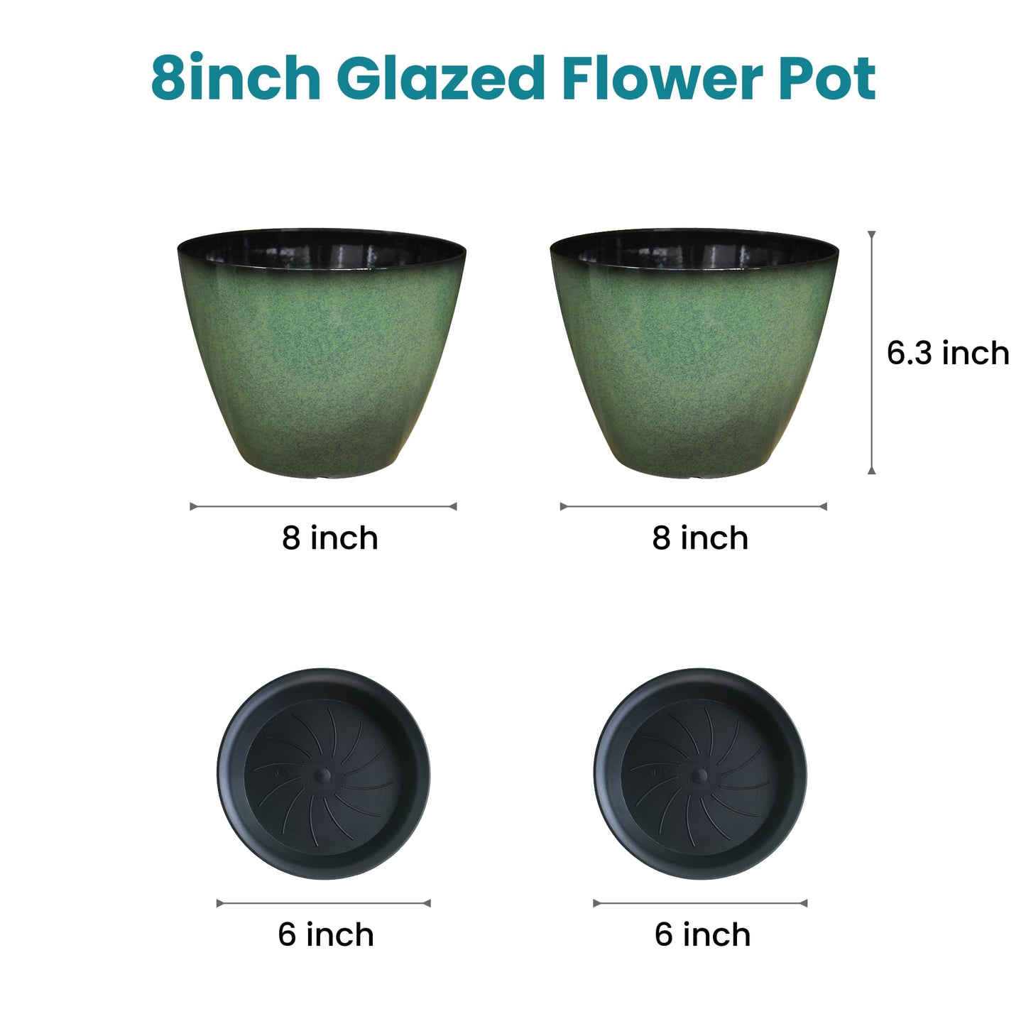 Vanslogreen 2 Pack Plant Pots for Indoor Outdoor Plants, 8 inch Plastic Flower Pots, Glazed Planter for Aloe, Herbs, Cactus (Green, 2pcs)