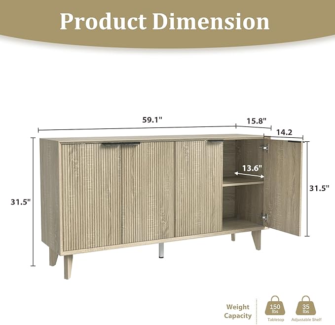 Fluted Cabinet with Storage, Buffet Storage with 4 Doors, Buffet Sideborad Accent Cabinet with Adjustable Shelves for Living Room, Kitchen, Entry, Hallway, Natural