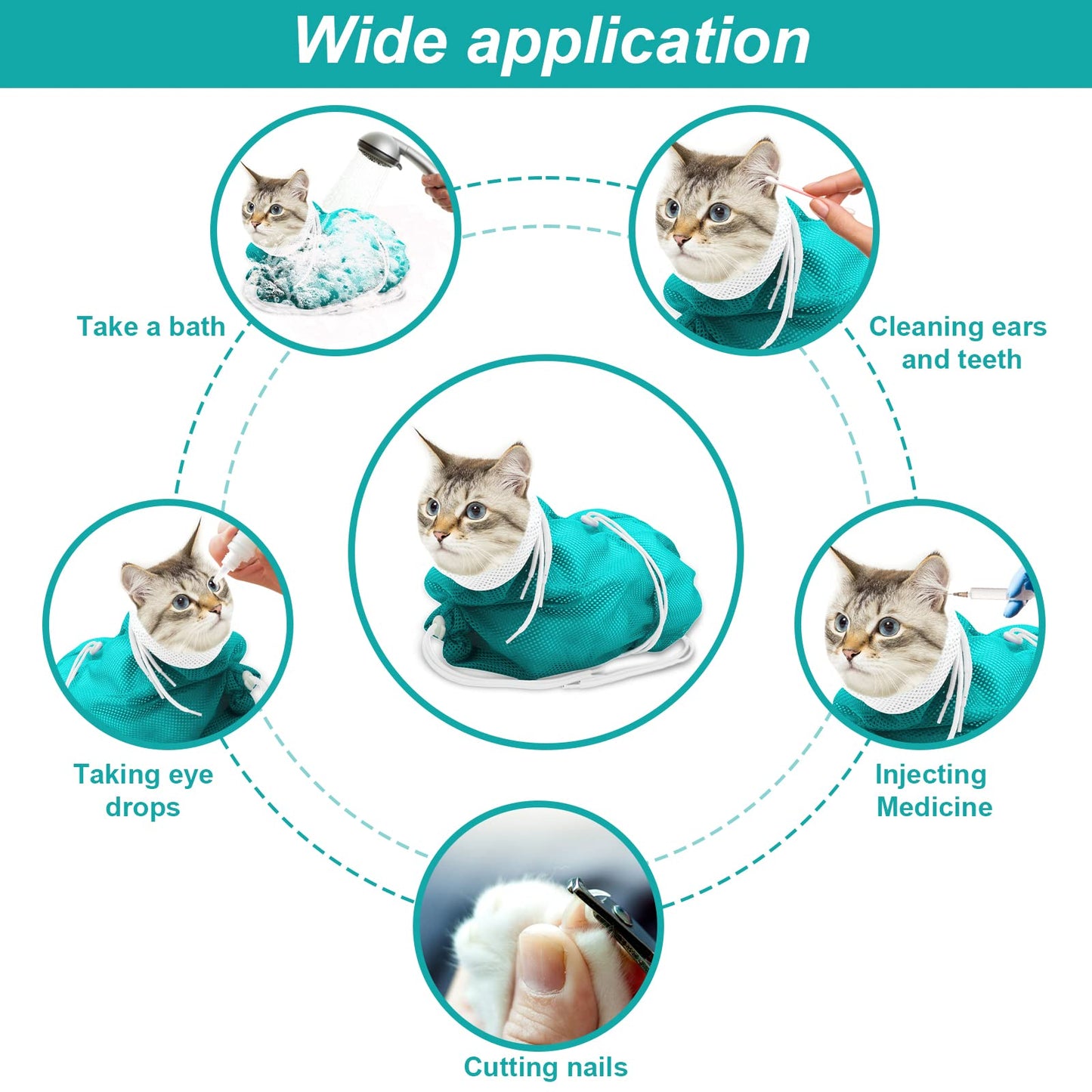 Cat Bathing Bag, Breathable Mesh Cat Shower Washing Bag Anti Scratch Adjustable Cat Grooming Bag for Nail Trimming