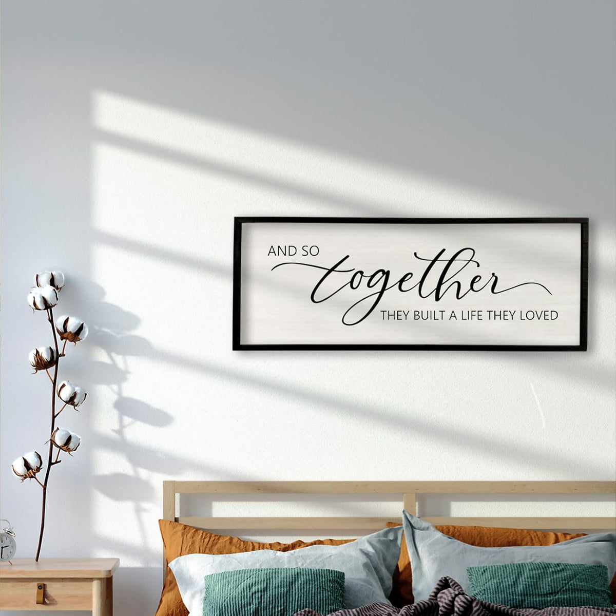 And So Together They Built A Life They Loved Sign 40”X15” Master Bedroom Above Bed Wall Decor Large Framed Wood Farmhouse Sign for Over Bed Bedside Wall Art for Love Sign Decor (Black)