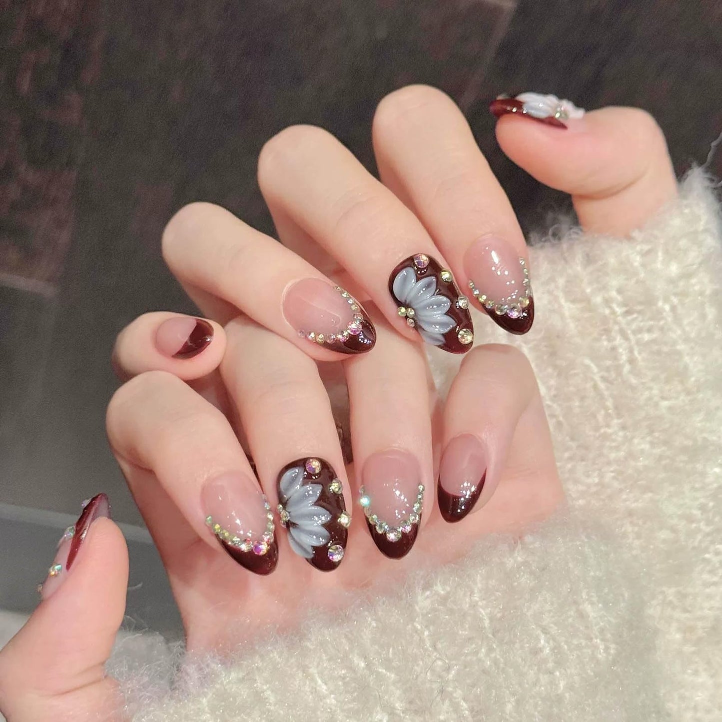 10Pcs Short Almond Handmade Press On Nails | Easy Apply & Remove, Reusable Salon Quality Nails | Elegant Burgundy French Tip Fake Nails with 3D Floral & Rhinestone Accents (RR04, S)