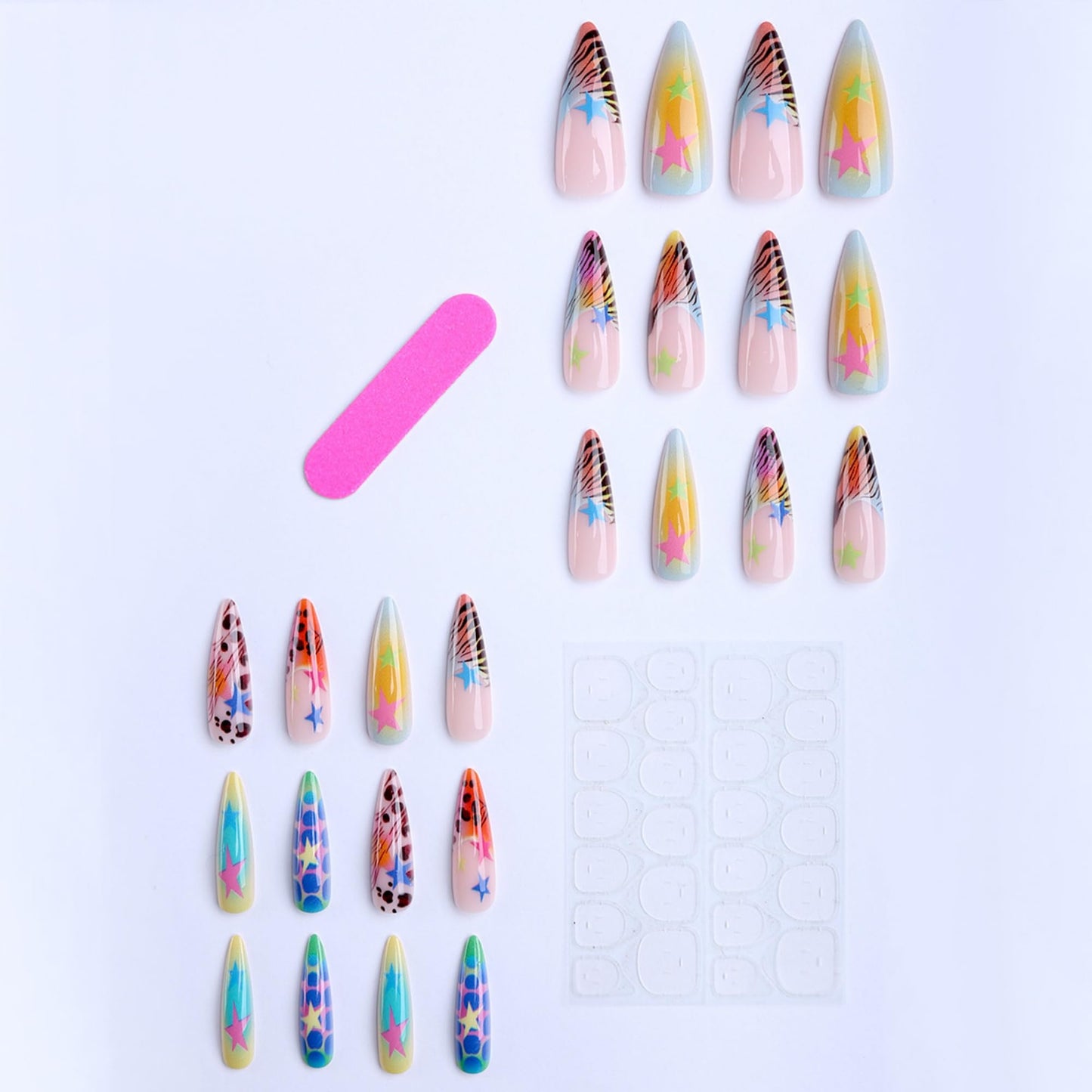 octoswave Long Stiletto Press on Nails Star Patterns Rainbow Gradient Colorful False Nails for Party Festival Vacation 24Pcs