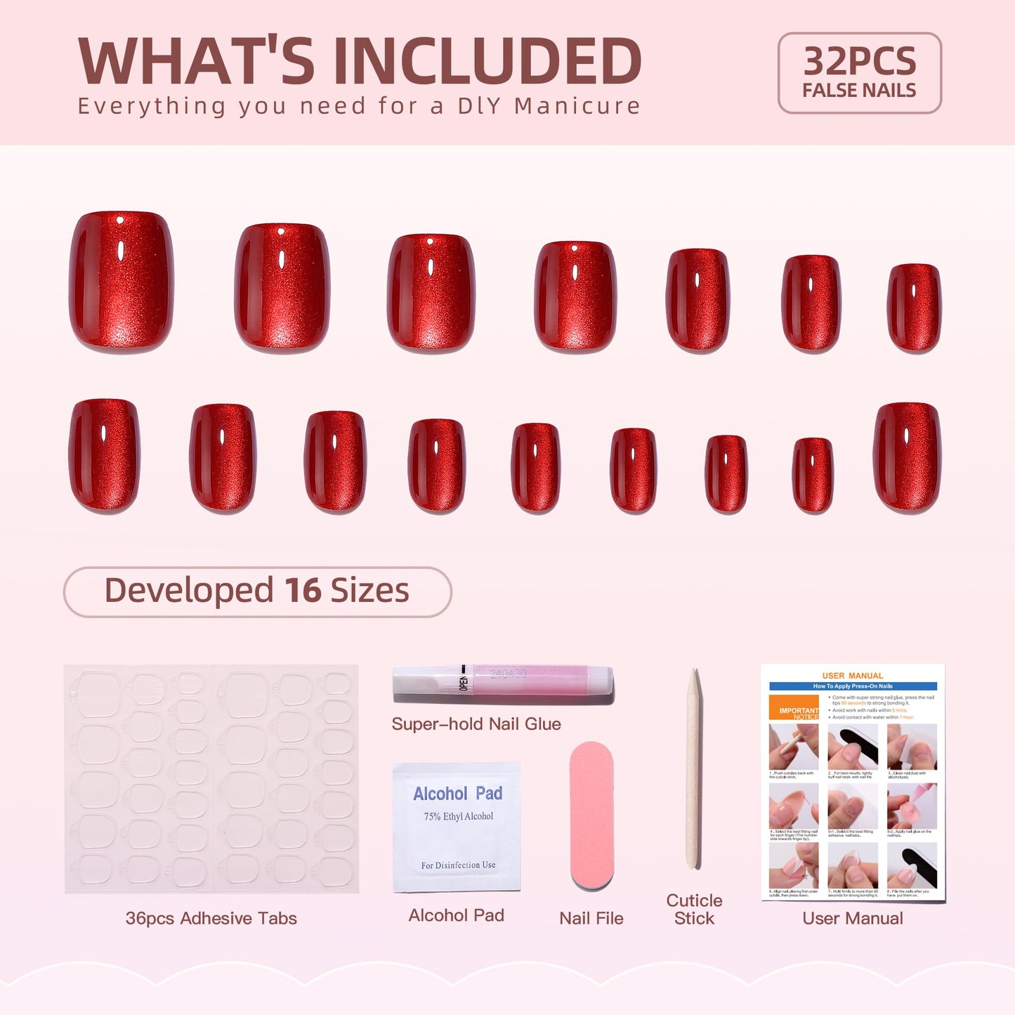 WAFOLOZE Short Square Press on Nails Gel Fake Nails with Red Cat's Eye High-end Feel Designs, Christmas Glue On False Nail Press Ons Fall/Winter Acrylic Artificial Stick On Nails for Women 32Pcs