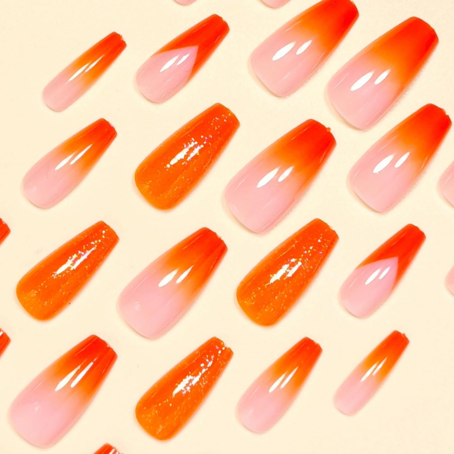 MISUD Press on Nails - Long Coffin Fake Nails with Summer Orange, Acrylic Bling Glitter Design 24 pcs
