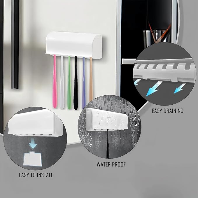 6 Slots Toothbrush Holder Wall Mount with Cover, Self Adhesive Toothbrushes Storage Organizer Perfect for Dorm Bathrooms and Shower, Holds 6 Toothbrushes. White