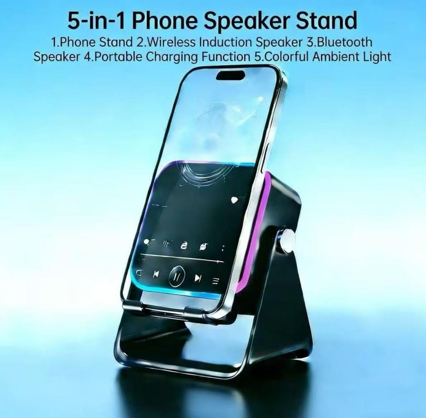 5-in-1 Wireless Induction Speaker,360°Adjustable Phone Stand with Wireless Bluetooth Speaker, Stereo Sound, Multiple RGB Ambient Lights,3500mAh Rechargeable Compatible with iPhone Gifts for Men Women