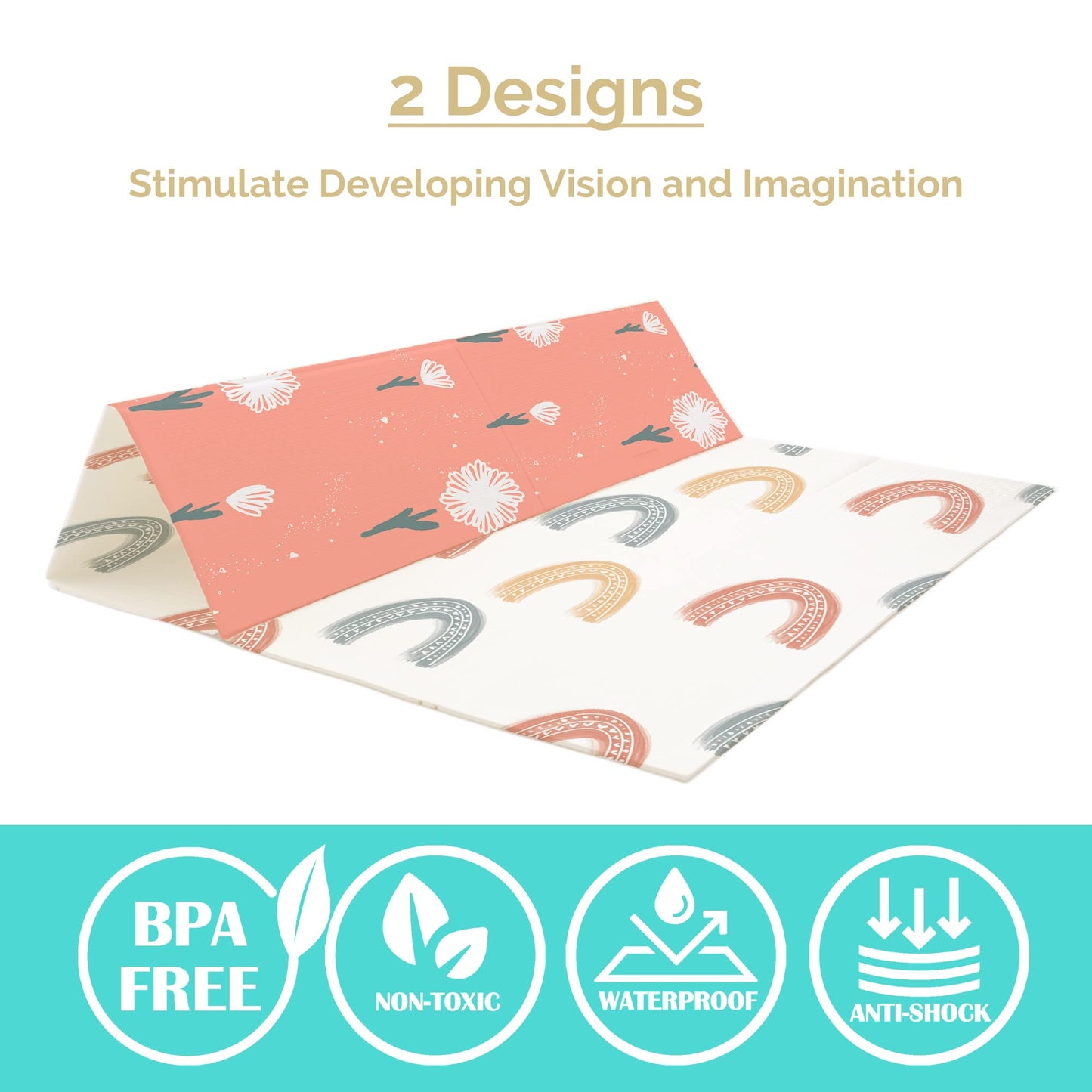 JumpOff Jo Foldable Foam Play Mat – Large Waterproof Baby & Toddler Activity Floor Mat, Double-Sided 70 x 59 Inch Play Surface - Flower Power