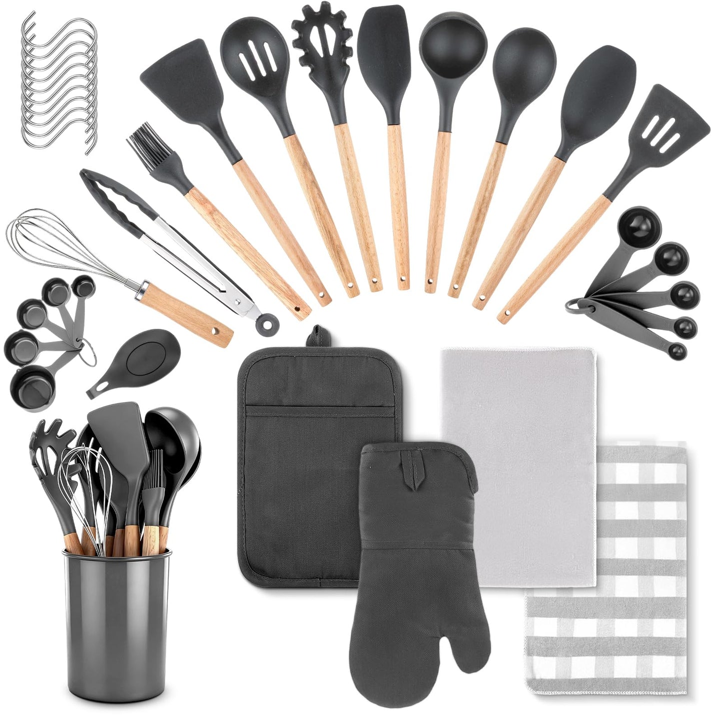 Hillsuren 37 Pcs Oven Mitts and Pot Holders with Silicone Kitchen Utensils Set Silicone Cooking Utensils Set with Holder, Kitchen Towels, Heat Resistant Gloves for Christmas Baking Cooking(Dark Gray)