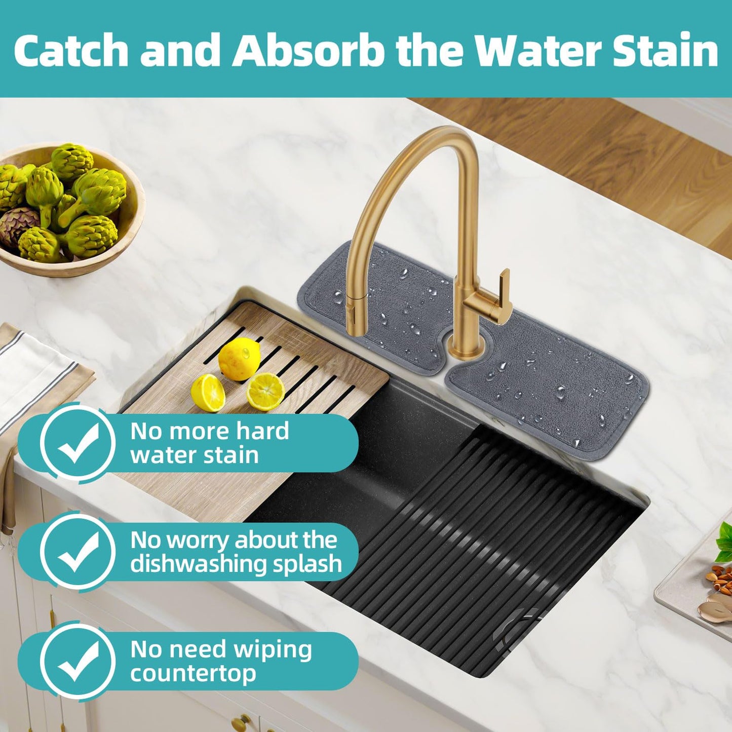 PoYang 4 Pack Faucet Mat for Kitchen Sink Splash Guard Short: Super Absorbent Microfiber Sink Water Splash Guard Behind Kitchen Faucet Mat for Bathroom, RV Protector, Machine Washable 17.7'' x 4.7''