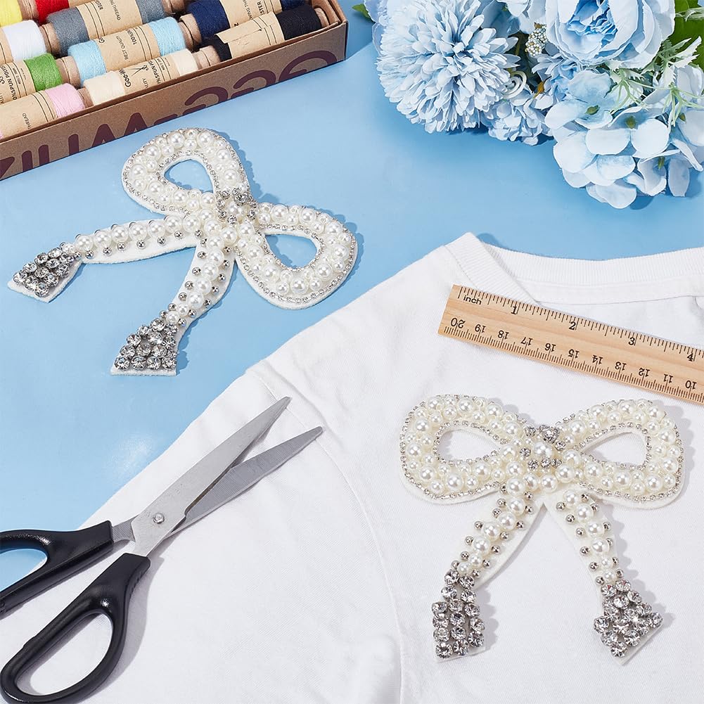 FINGERINSPIRE 2 Pcs Bowknot Rhinestone Patch 4.9x4.5inch Bow Tie Beading Appliques White Imitation Pearl Decorative Patch Repair Felt Sew on Applique for Clothing Repair