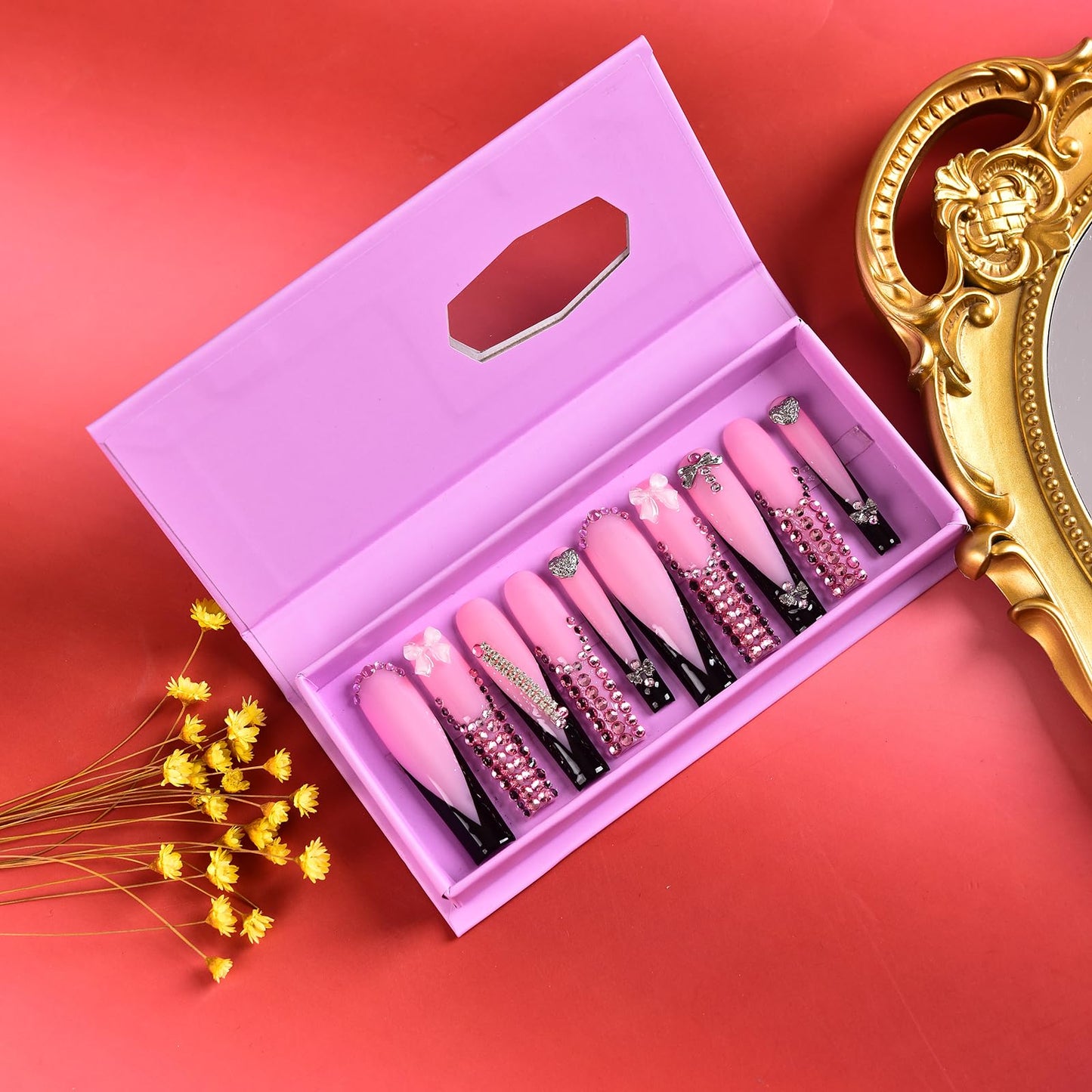 Tmani 10pc/set Extra Long Handmade Press On Nail Hot Girl's Long Ballet Nails Square Nail Full of Diamond Glitter Decoration Fake Nails Suitable For Girls Festival Parties and Birthday Gift (298,L)