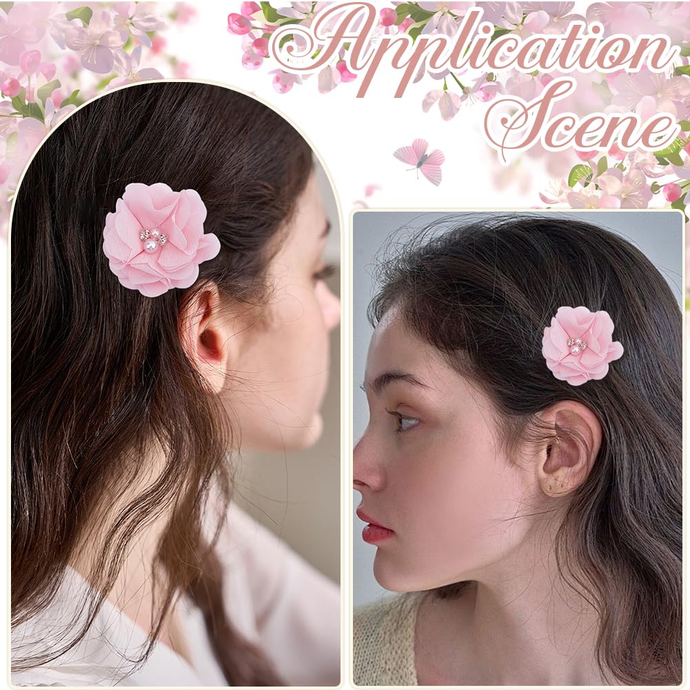 SOFPLATE 1 Box 30Pcs Pink Chiffon Flower Artificial Fabric Flower Appliques Pearl Rhinestone Felt Back Sewing Appliques for Clothes Hair Accessories Embellishments Wedding Decor DIY Craft Projects