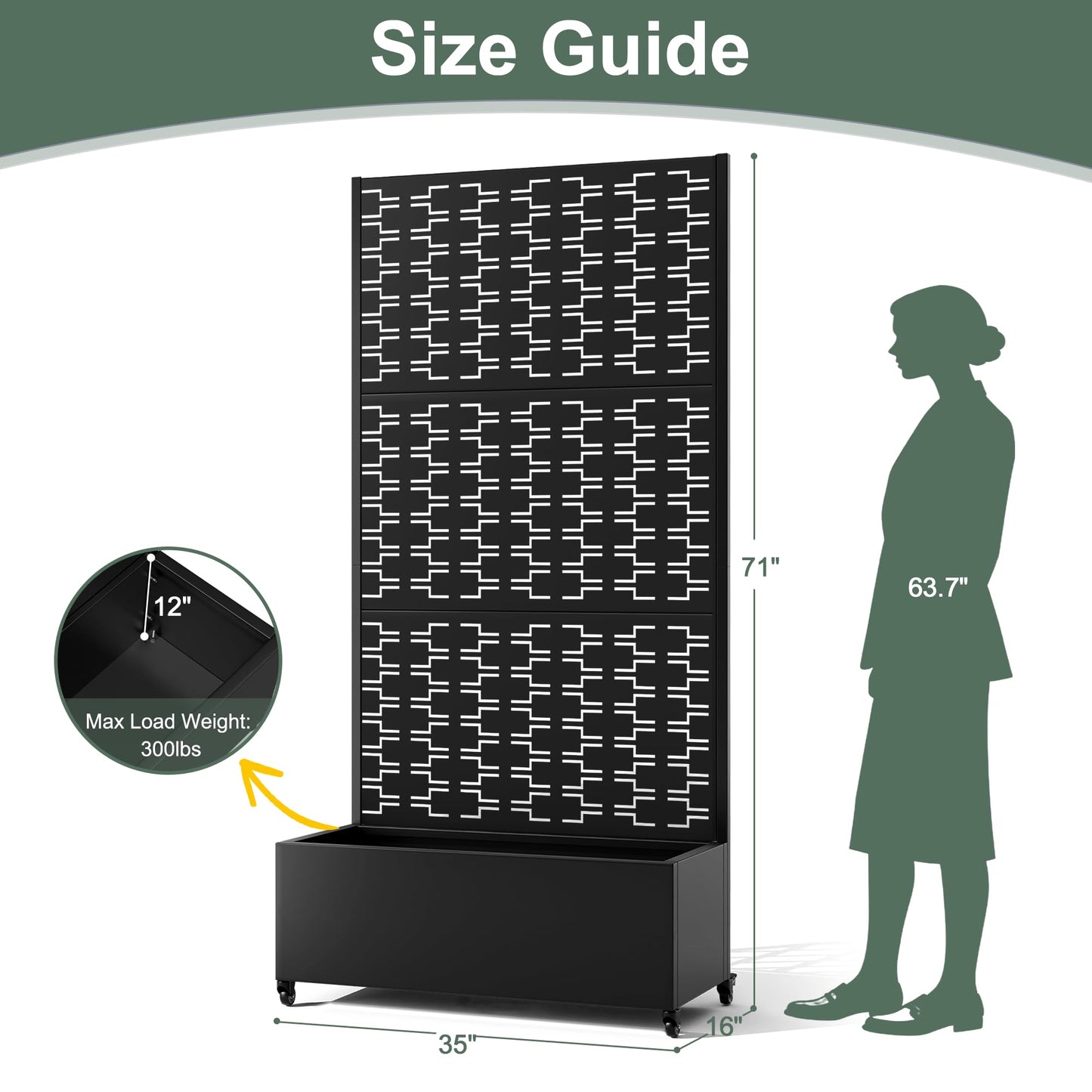 PolarcoForgeco Planter Box with Trellis and Wheels, Metal Privacy Screen with Garden Beds Outdoor for Climbing Plants, Standing Planter Boxes with Drainage Holes (35" L×16" W×71" H, Black Rectangle)