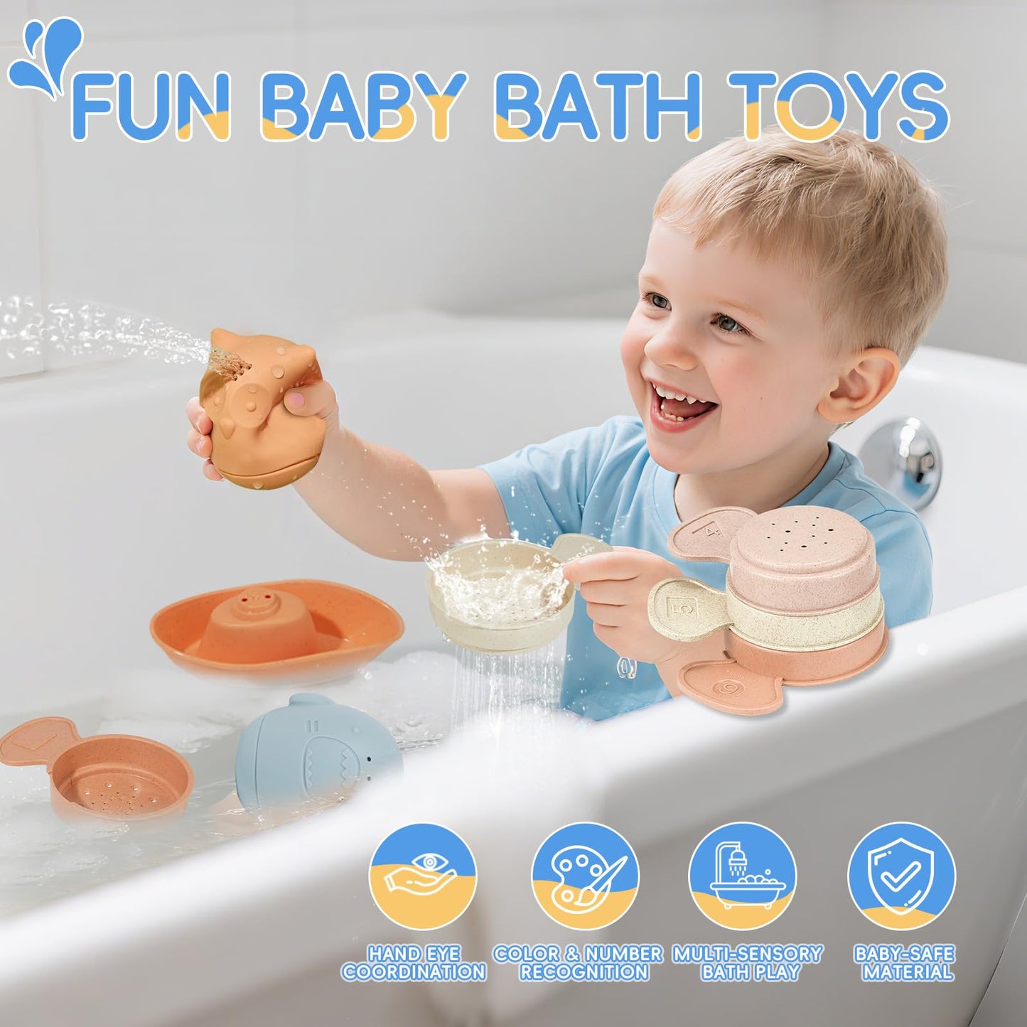 Baby Bath Toys 16 Pack Easy-Clean & Squeezable Silicone Bath Toys for Babies 6-12 Months Mold Free Bath Toys Toddlers 2-4 Bathtub Water Pool Toys
