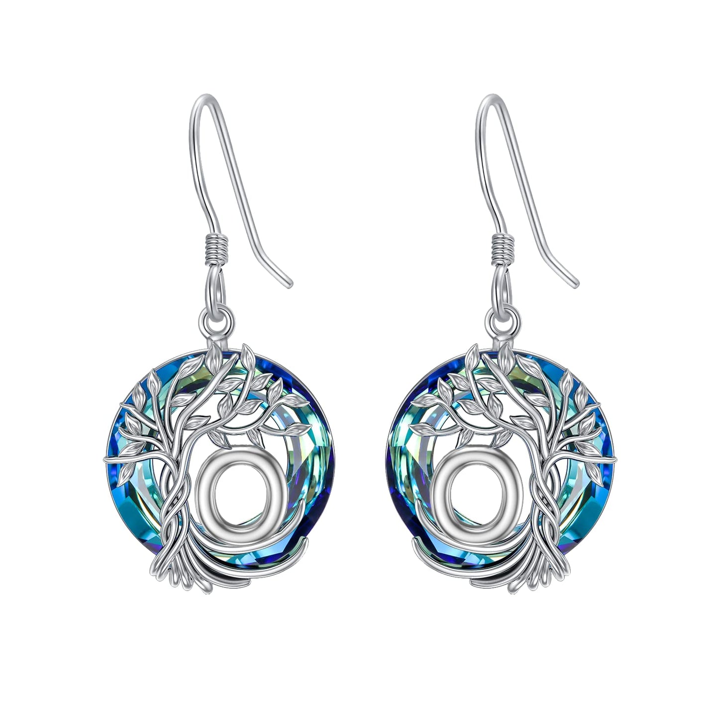 TOUPOP Tree of Life Initial Earrings Sterling Silver Initial O Letter Drop Dangle Earrings Blue Circle Crystal Family Tree Jewelry Birthday Mothers Day Gifts for Women Mom Her