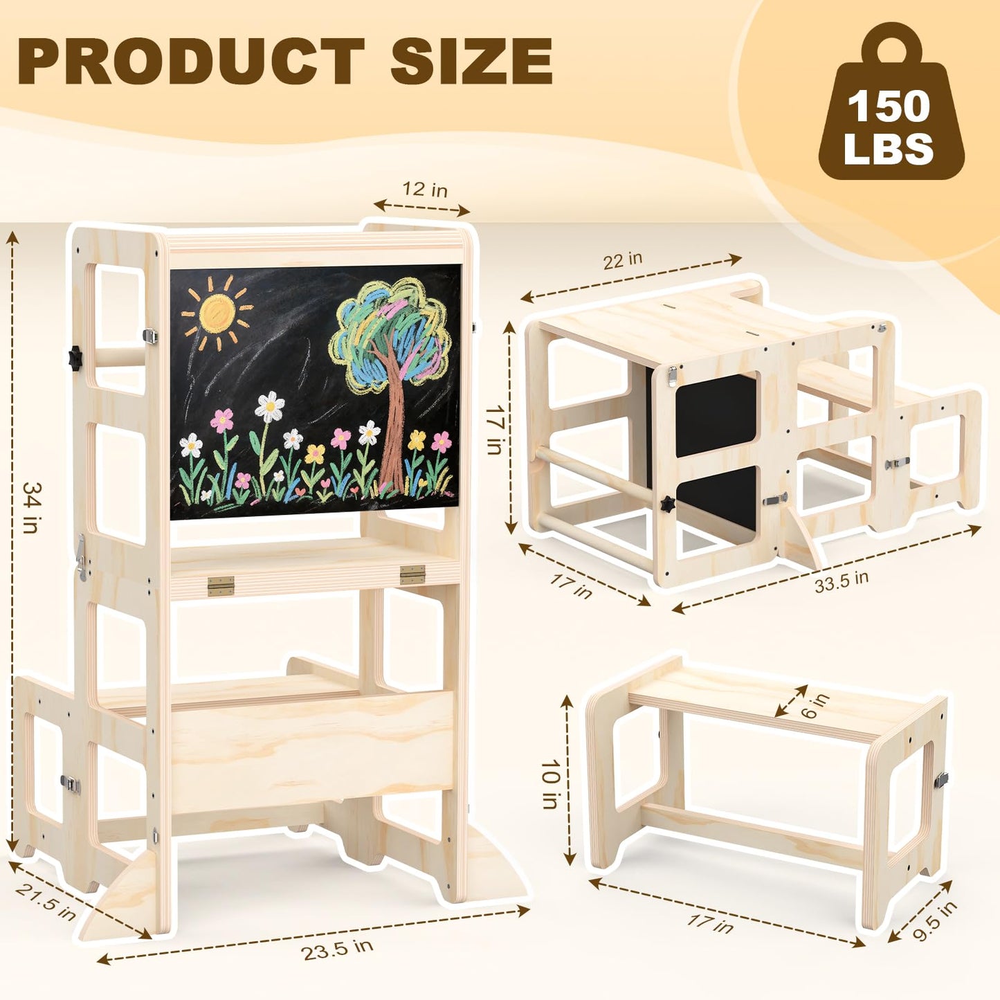 Toddler Kitchen Step Stool, 4-in-1 Foldable Standing Tower with Blackboard, Toddler Step Stool for Bathroom Sink, Kitchen Counter, Ages 18 Months+, 1-3 Year Old Boy Girl Gifts
