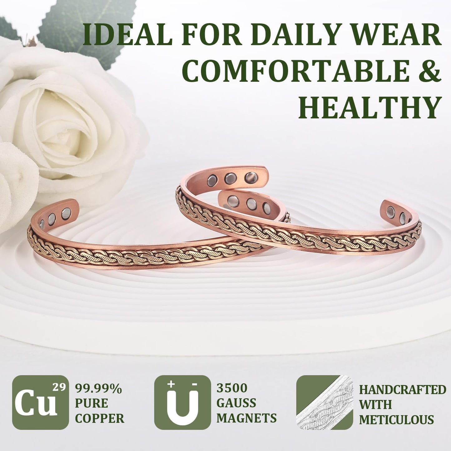 MagEnergy Handcrafted Copper Bracelets for Women, Magnetic Copper Cuff Bracelet with Twisted Wire, Adjustable Bangle & Healthy Jewelry Gift (Chain Weave Inlay)
