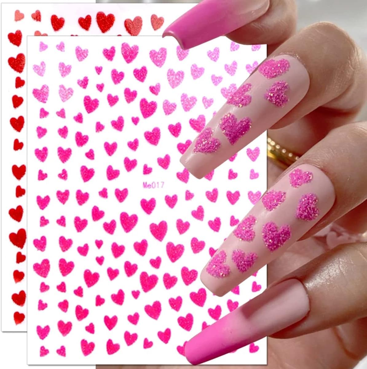 Heart Nail Art Stickers Decals 3D Shiny Glitter Love Hearts Self Adhesive Shining Glitters Powder Effect Valentine's Day Heart Nail Design for Lovers Romantic DIY Nail Decorations Manicure Accessories