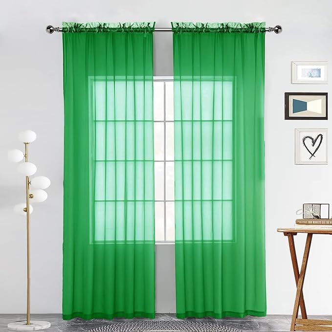 SpaceDresser Sheer Voile Window Treatment Rod Pocket Curtain Panels for Kitchen Bedroom Living Room Drapes Sunlight Filtering Privacy Semi Home Decor Assorted Colors Sizes (Green, 52 W x 63 L)
