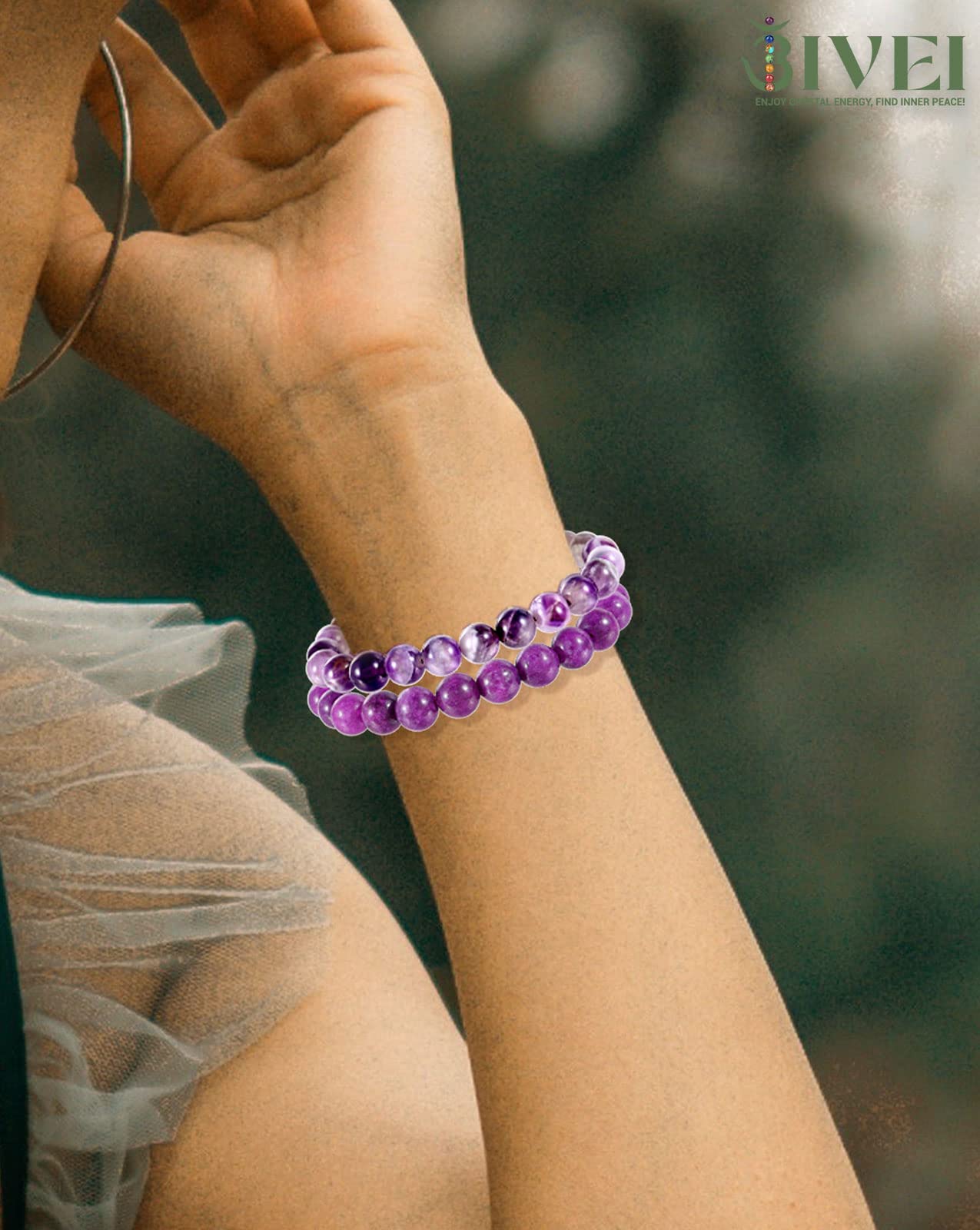 Bivei Natural Gemstone Semi Precious Crystals Handmade Stretchy Round Beads Bracelet, Enhance Positive Energy,Stocking Stuffers for Women(Dog-Tooth Amethyst & Sugilite (Love & Happiness) Large)