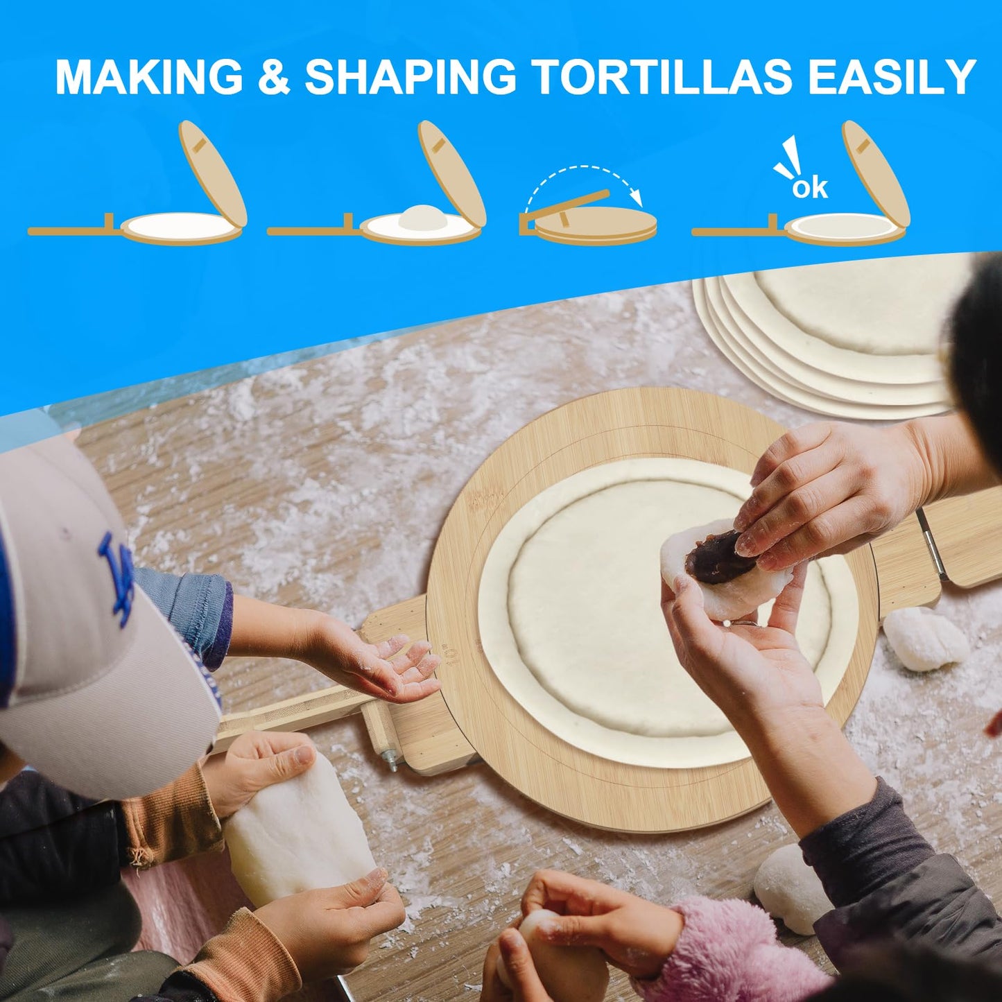 Cuesonmy Tortilla Press 10 Inch Bamboo Tortillas Maker with 100PCS Parchment Paper Large Tortillera Presser for Mexican Taco, Pataconera, Dough Press