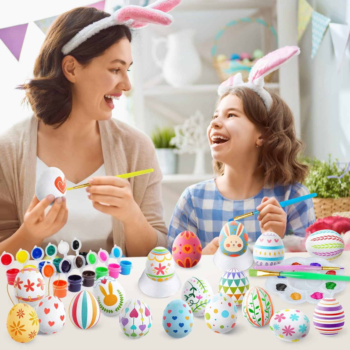 Easter White Eggs Painting Kit-Paintable Flocking Eggs with Doodle Kit for DIY Design-Hanging Flocking Eggs with Rope for Decoration,Egg Hunts, Basket stuffers & Essentials, Easter Gift,28PCS