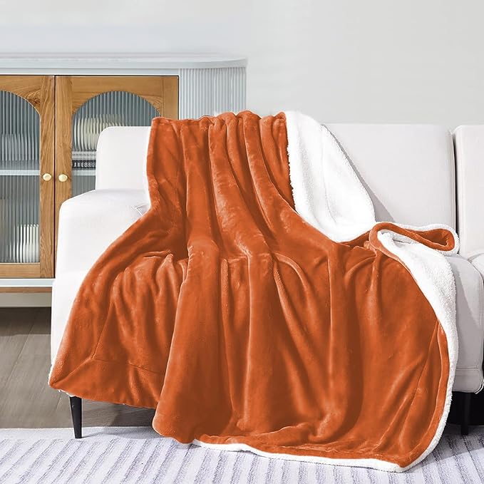 IR Imperial Rooms Sherpa Blankets Queen Size - Thick and Warm Blankets for Winter, Reversible Soft and Fuzzy Fluffy Queen Size Blanket for Bed, Rust, 90x90 Inches