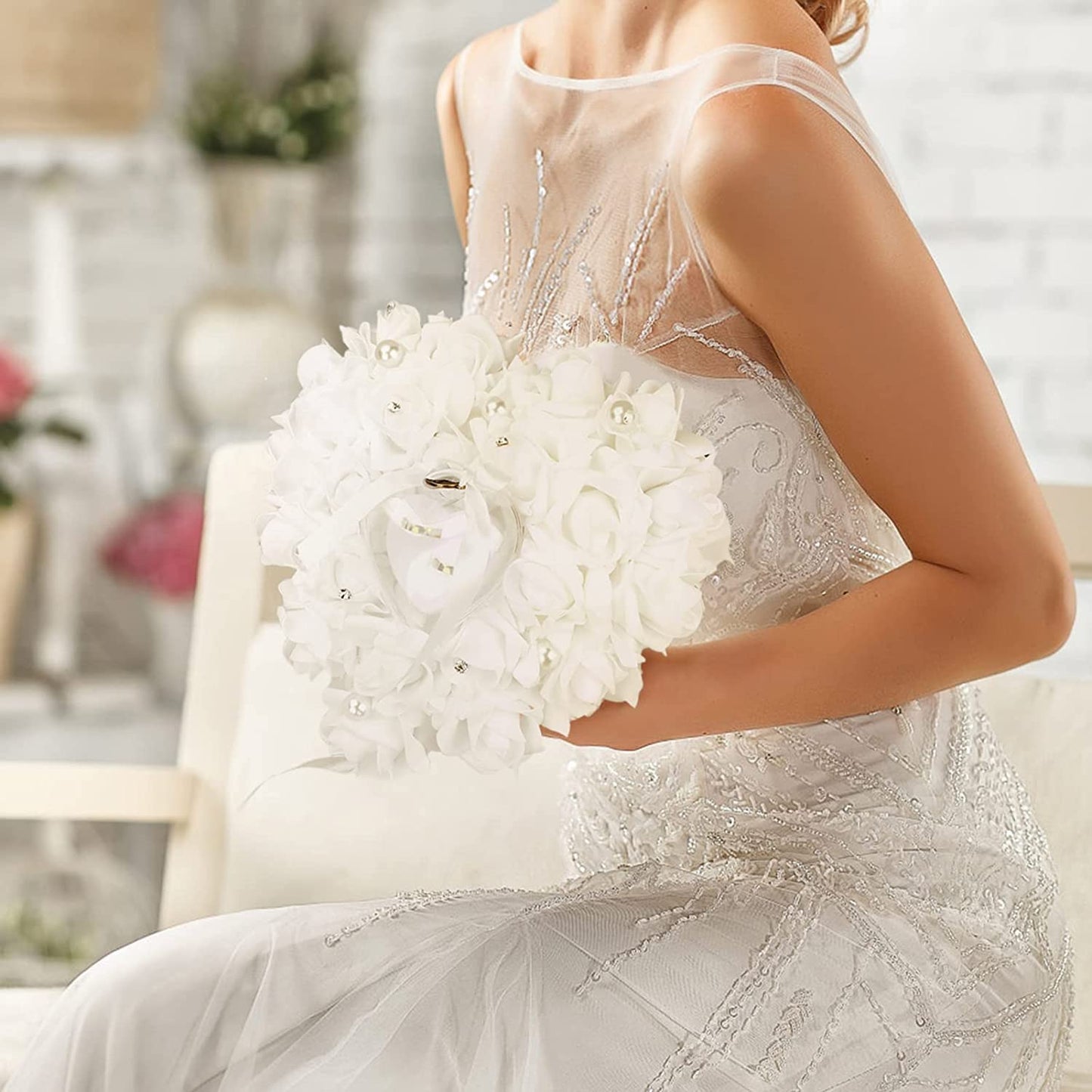 GOTOTOP Wedding Pillow, White Heart Shape Wedding Box for Wedding Lace Crystal Rose Heart Box Wedding Holder Gift