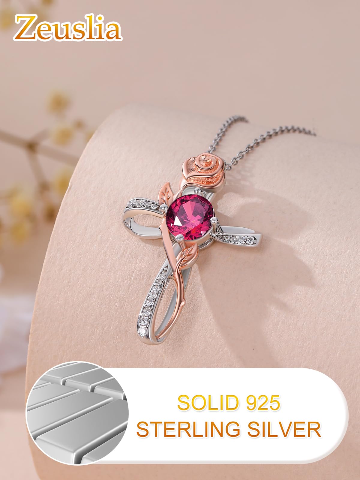 Zeuslia Cross Necklace for Women Sterling Silver Cross Pendant Jewelry with Rose Ruby July Birthstone Necklace Christian Religious Baptism First Communion Confirmation Birthday Gifts for Women