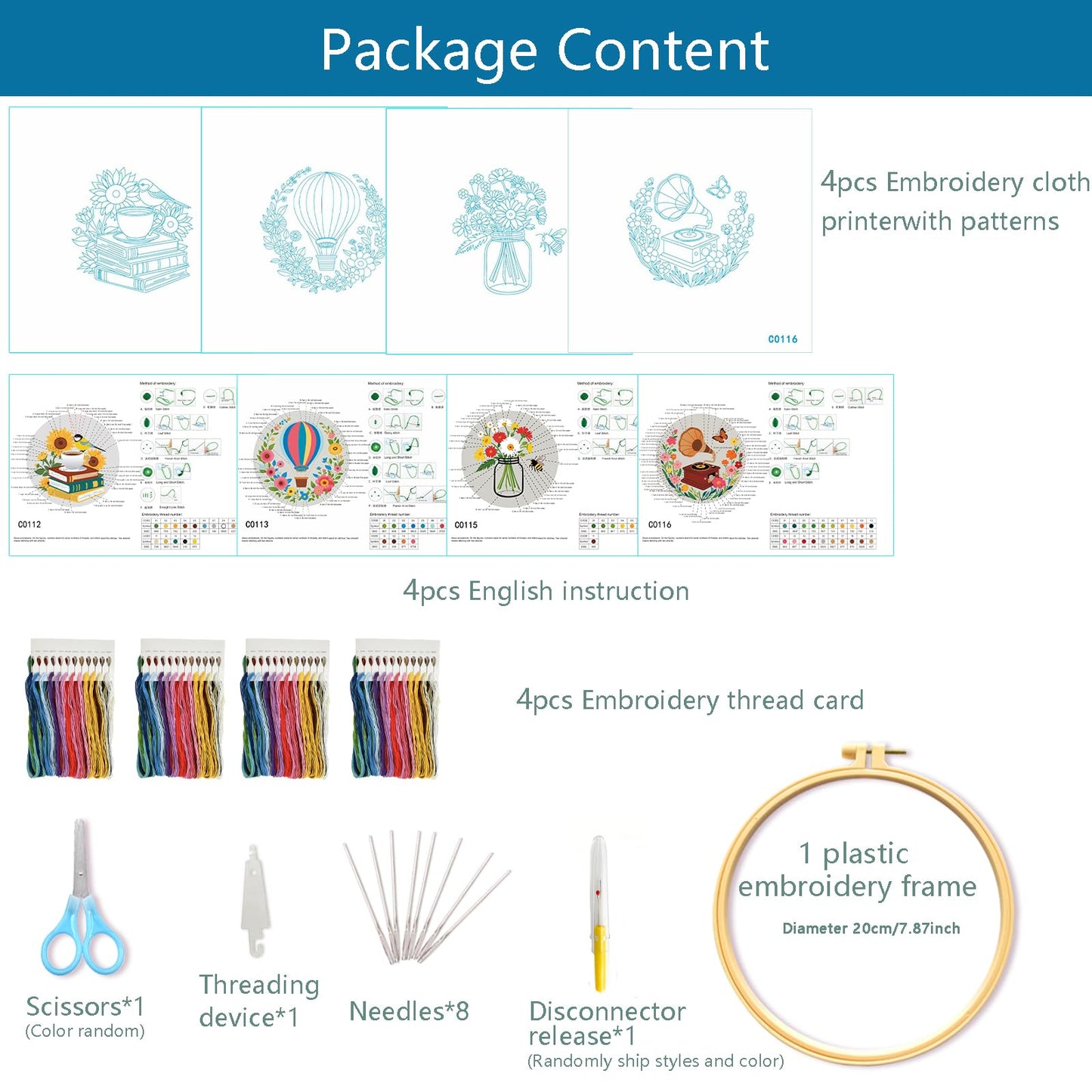 Zhenqing 4-Piece Embroidery Kit for Beginners - Complete Set with Pre-Printed 29x29cm Cotton Fabric, Hoop, Threads & Tools (Books, Hot Air Balloon, Wildflowers, Gramophone Designs)(C0159)