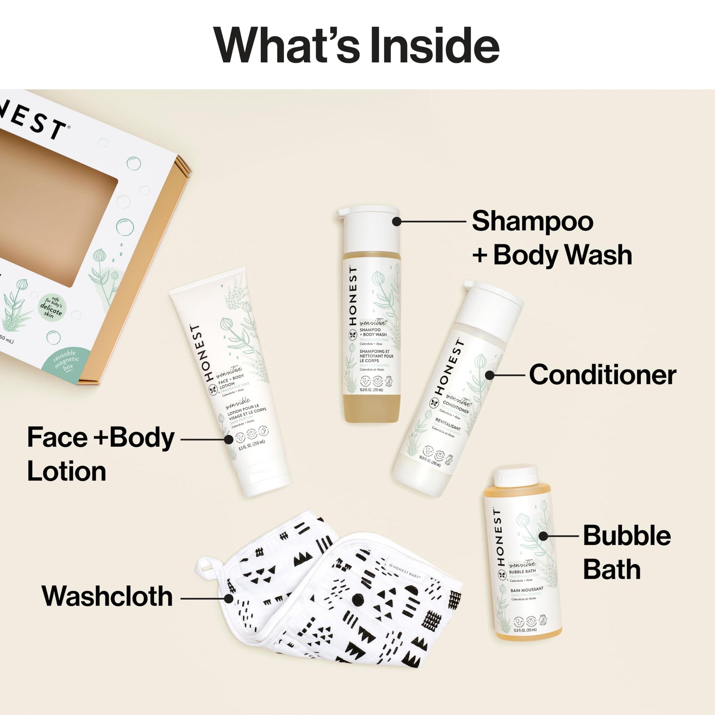The Honest Company Fragrance-Free Bathtime Gift Set, Hypoallergenic, Bath Essentials for Sensitive Skin, Shampoo and Body Wash, Face Lotion, Bubble Bath, Conditioner, Wash Cloth