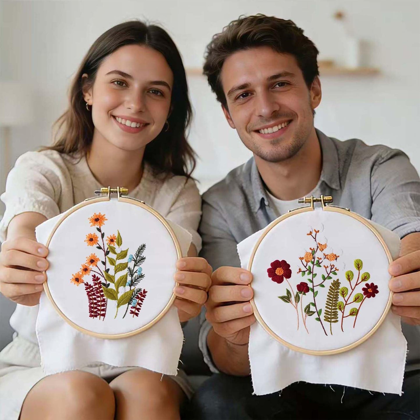 DMFXNBLM Embroidery Kit for Beginners, 4 Floral Pre-PrintedPatterns, Includes Multiple Accessories, with Step-By-Step Instructions and Clear Videos, Complete Kit Gift for Craft Lovers